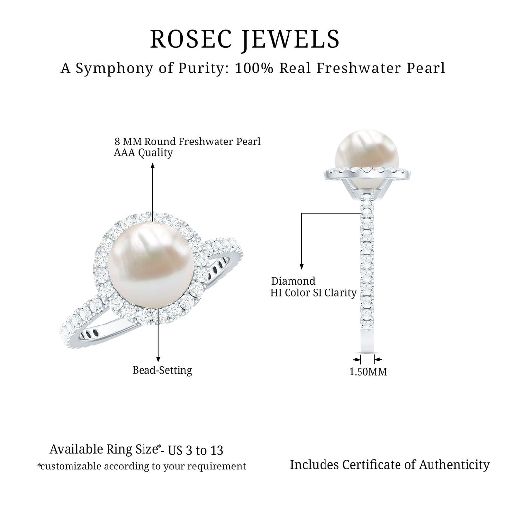 8 MM Freshwater Pearl and Diamond Floating Halo Engagement Ring