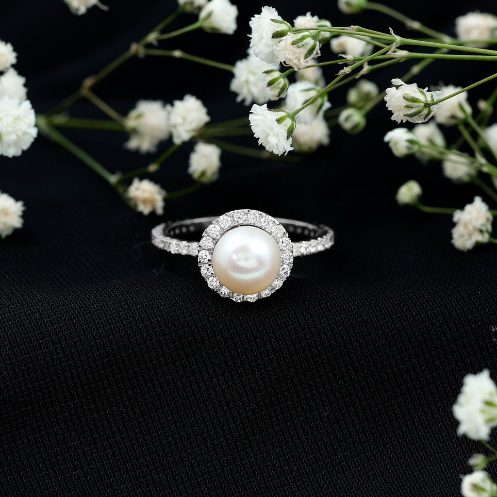 8 MM Freshwater Pearl and Diamond Floating Halo Engagement Ring