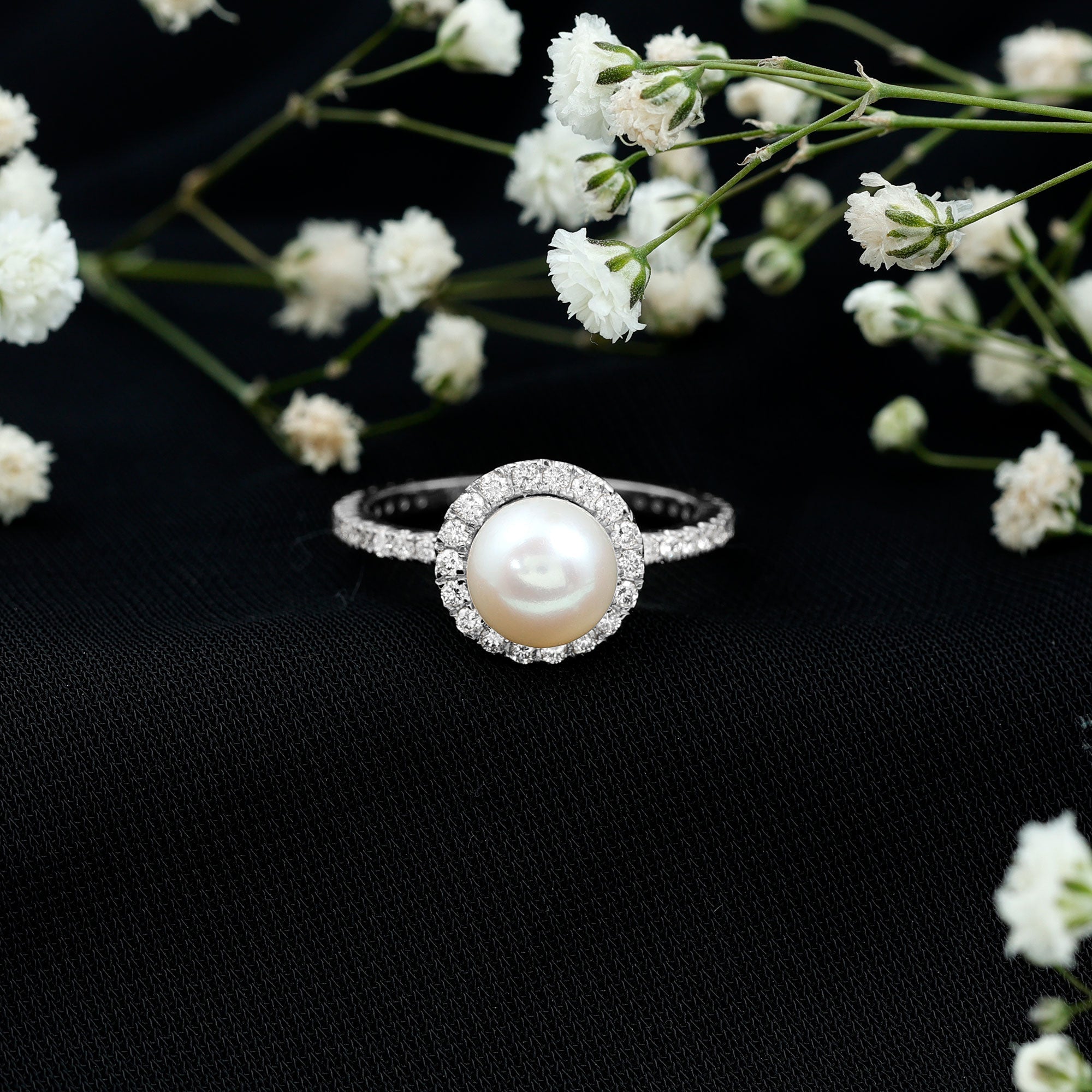 8 MM Freshwater Pearl and Diamond Floating Halo Engagement Ring