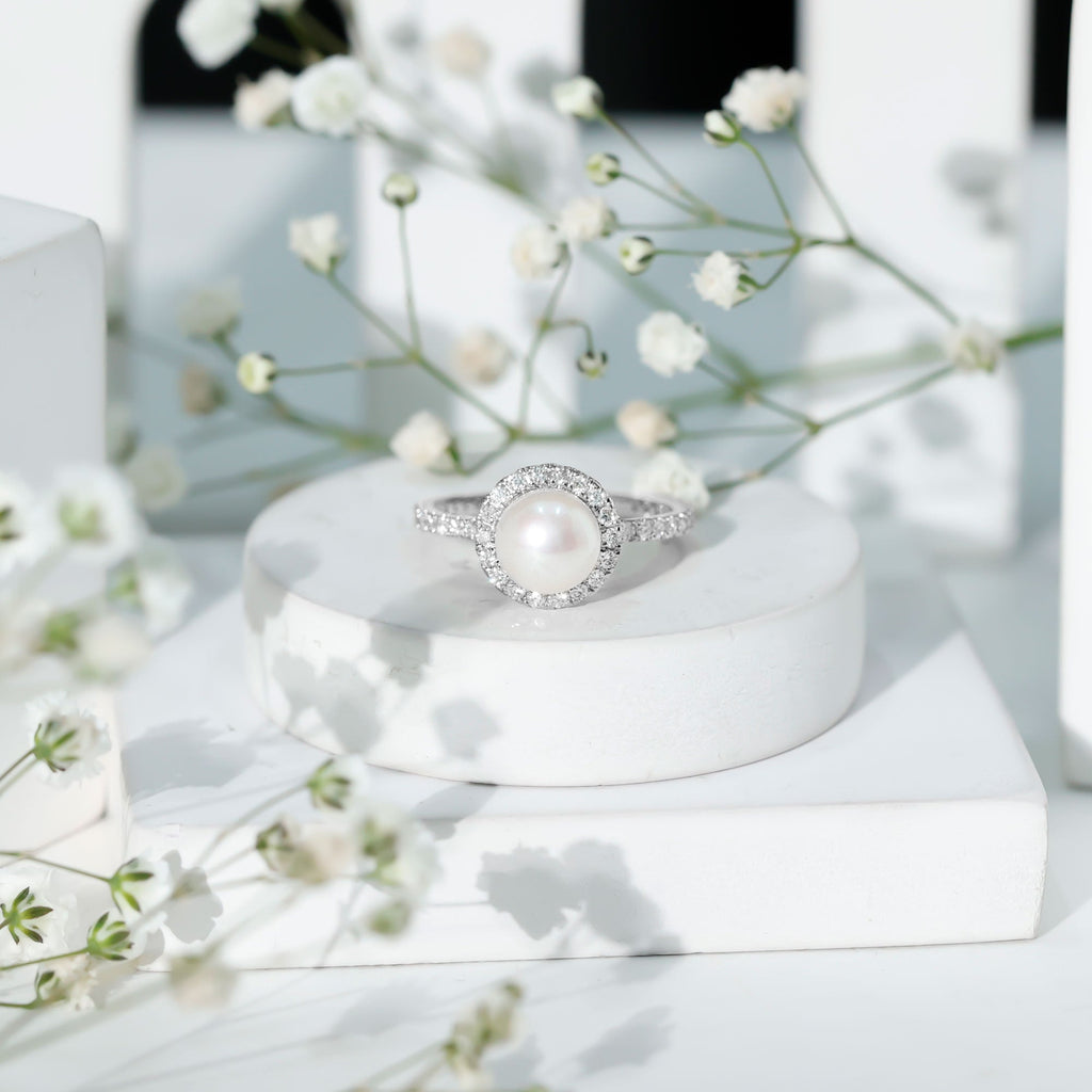 8 MM Freshwater Pearl and Diamond Floating Halo Engagement Ring