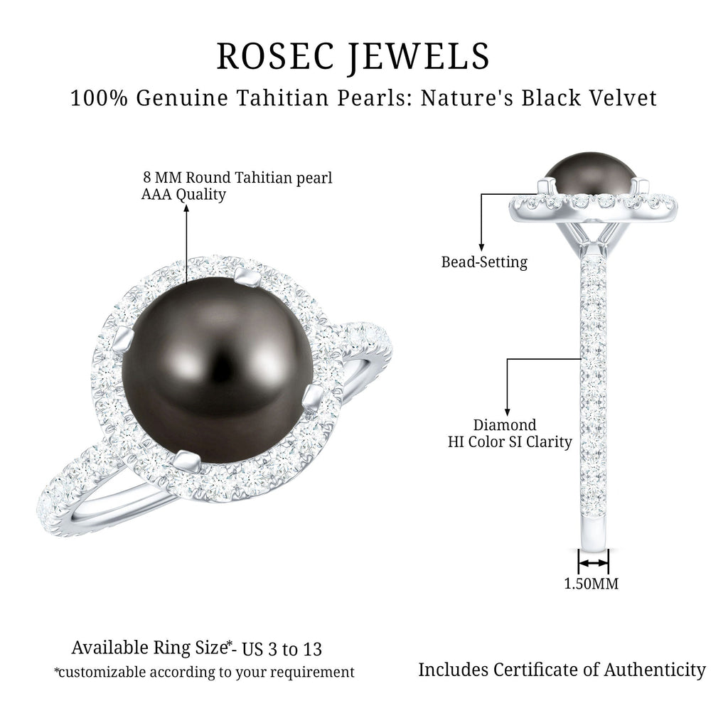 Halo Engagement Ring with Tahitian Pearl and Diamond
