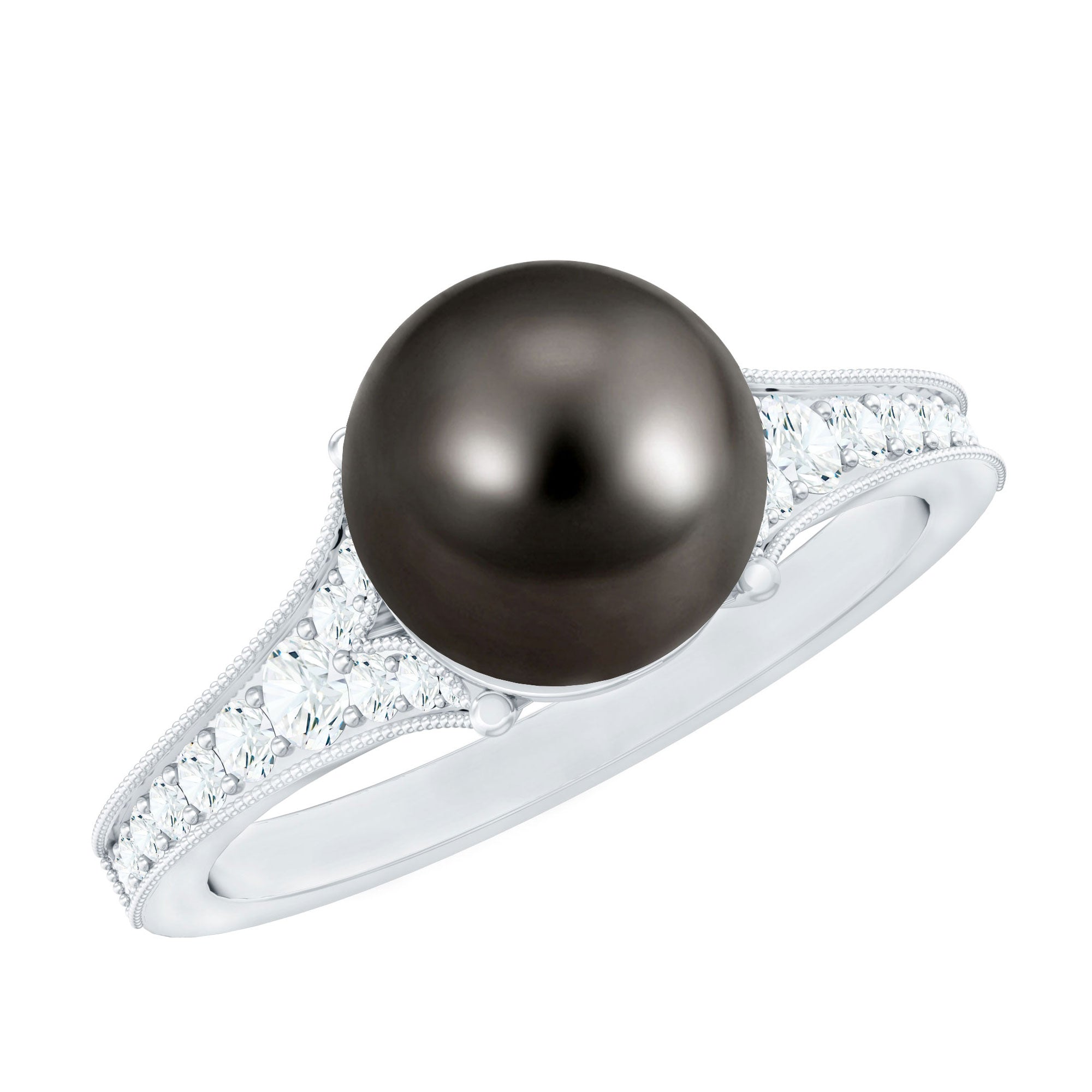 8 CT Tahitian Black Pearl Cathedral Engagement Ring with Diamonds
