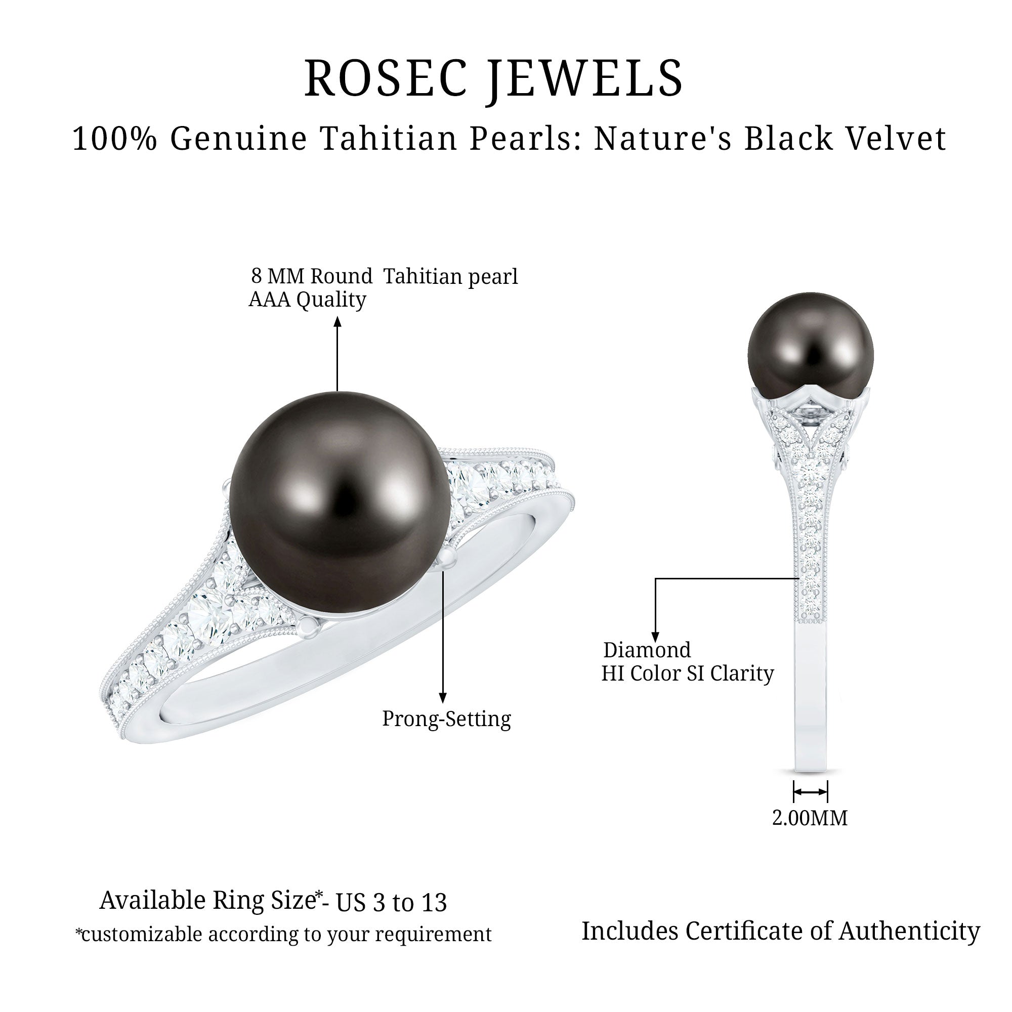 8 CT Tahitian Black Pearl Cathedral Engagement Ring with Diamonds