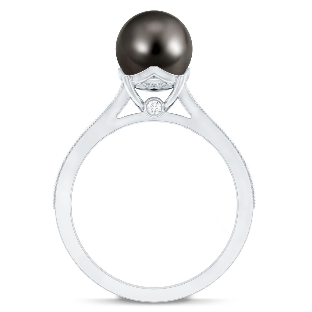 8 CT Tahitian Black Pearl Cathedral Engagement Ring with Diamonds