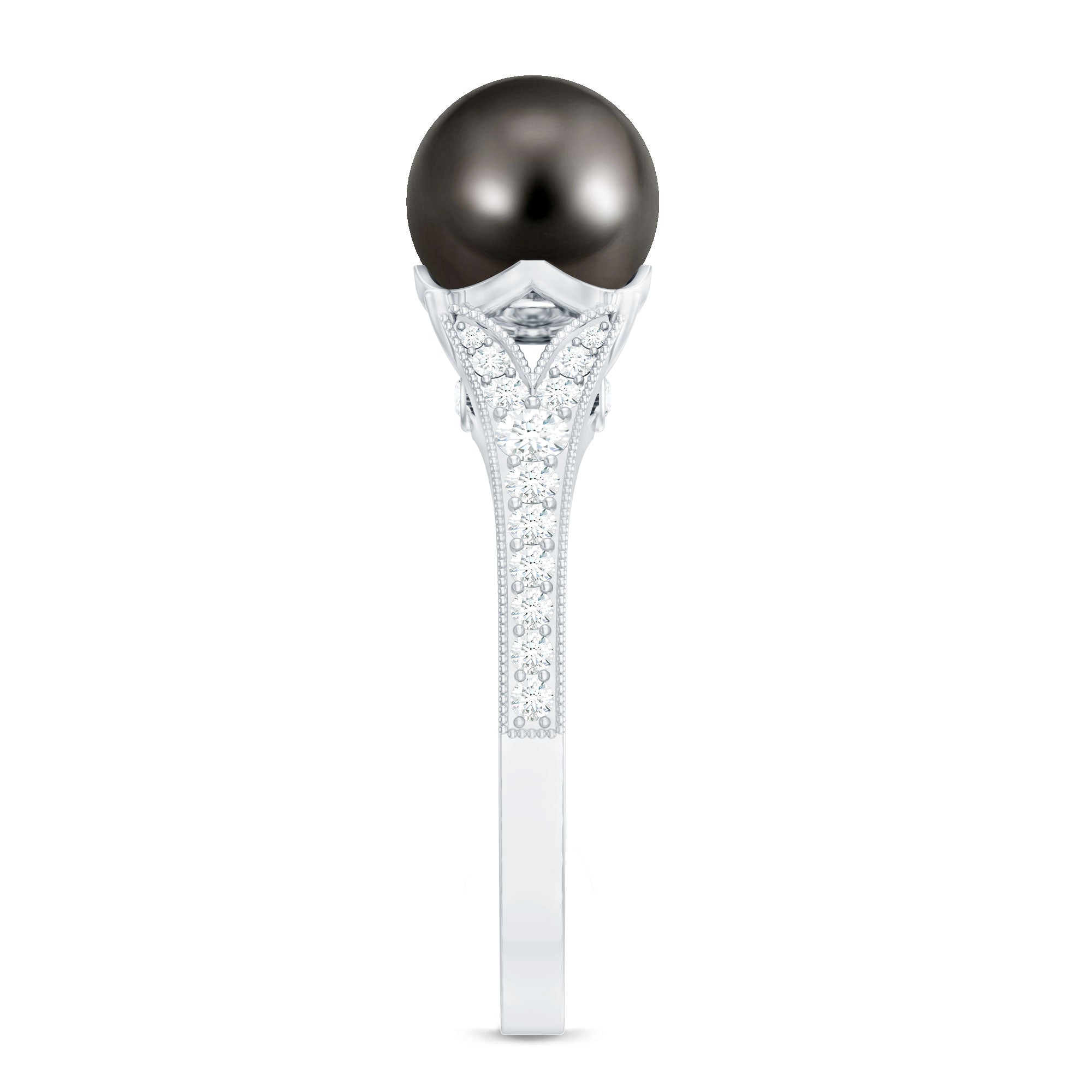 8 CT Tahitian Black Pearl Cathedral Engagement Ring with Diamonds