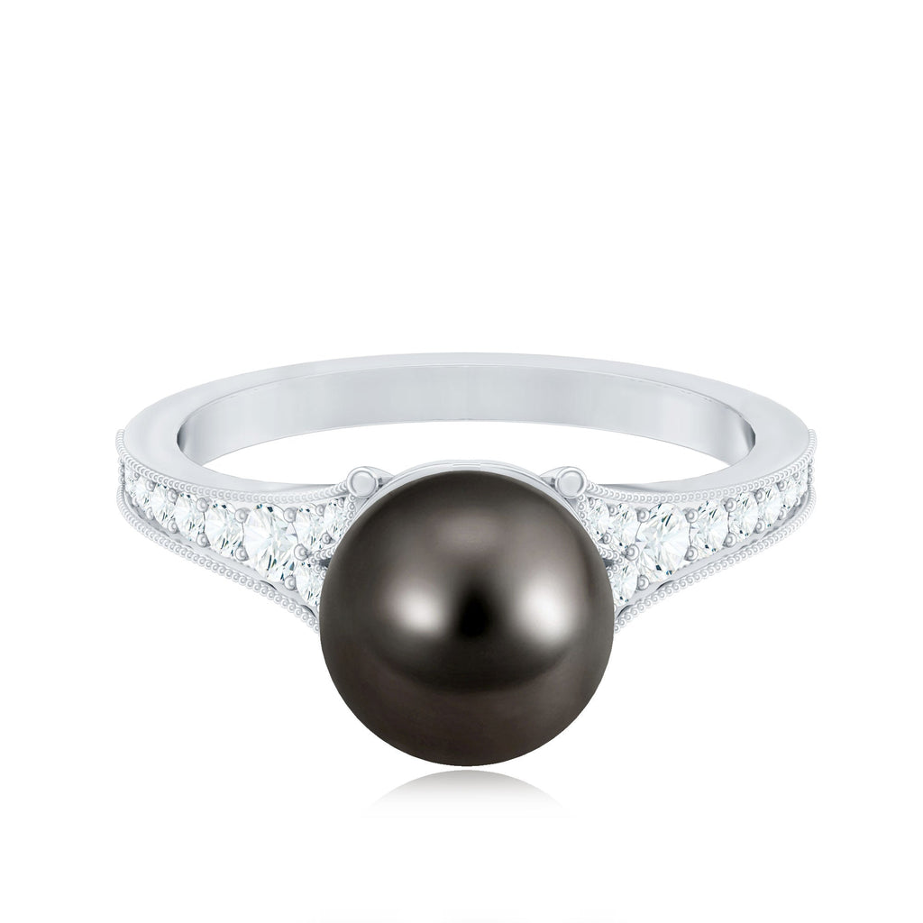 8 CT Tahitian Black Pearl Cathedral Engagement Ring with Diamonds