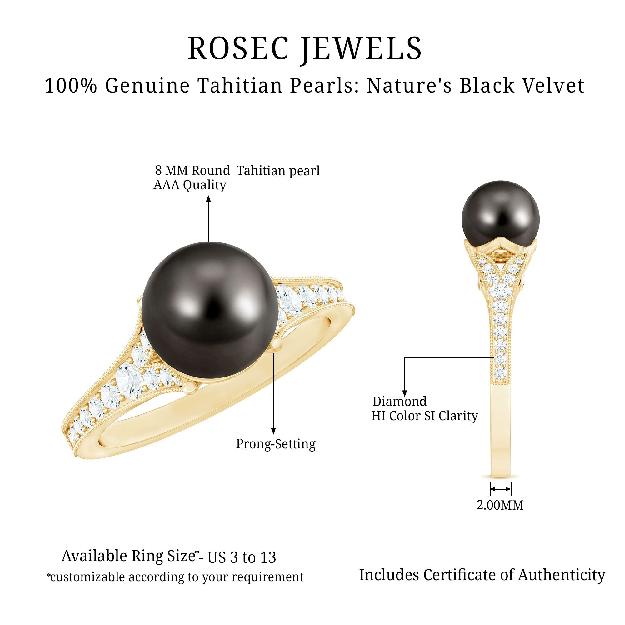 8 CT Tahitian Black Pearl Cathedral Engagement Ring with Diamonds