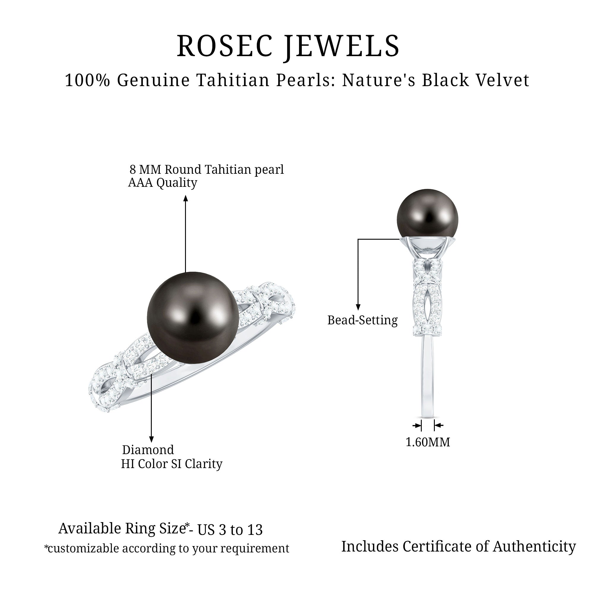 Genuine 8 Carat Black Pearl and Diamond Engagement Ring