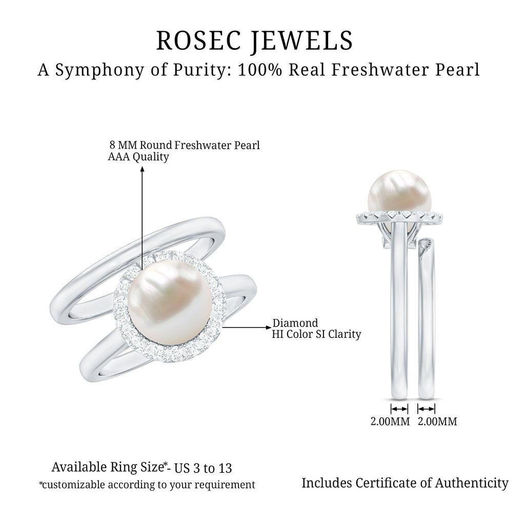 Real Freshwater Pearl Halo Wedding Ring Set with Plain Band