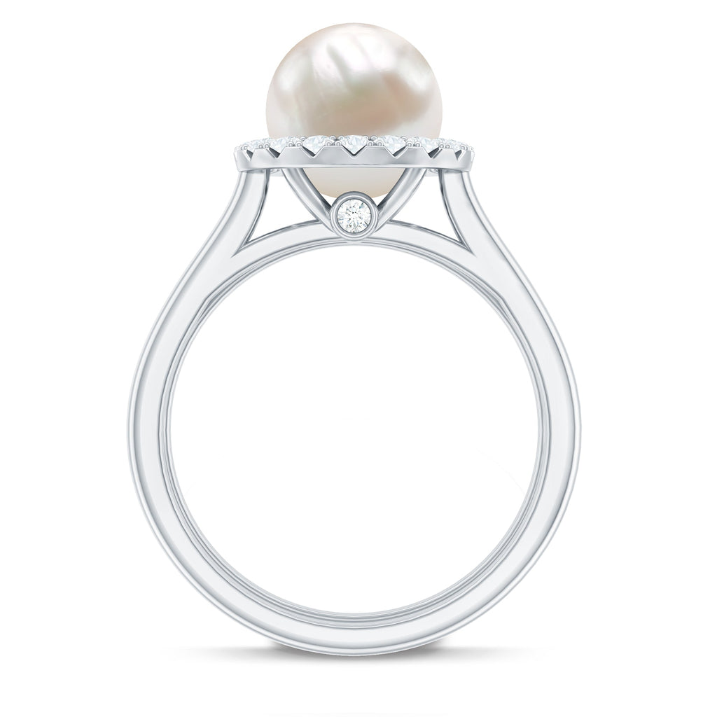Real Freshwater Pearl Halo Wedding Ring Set with Plain Band