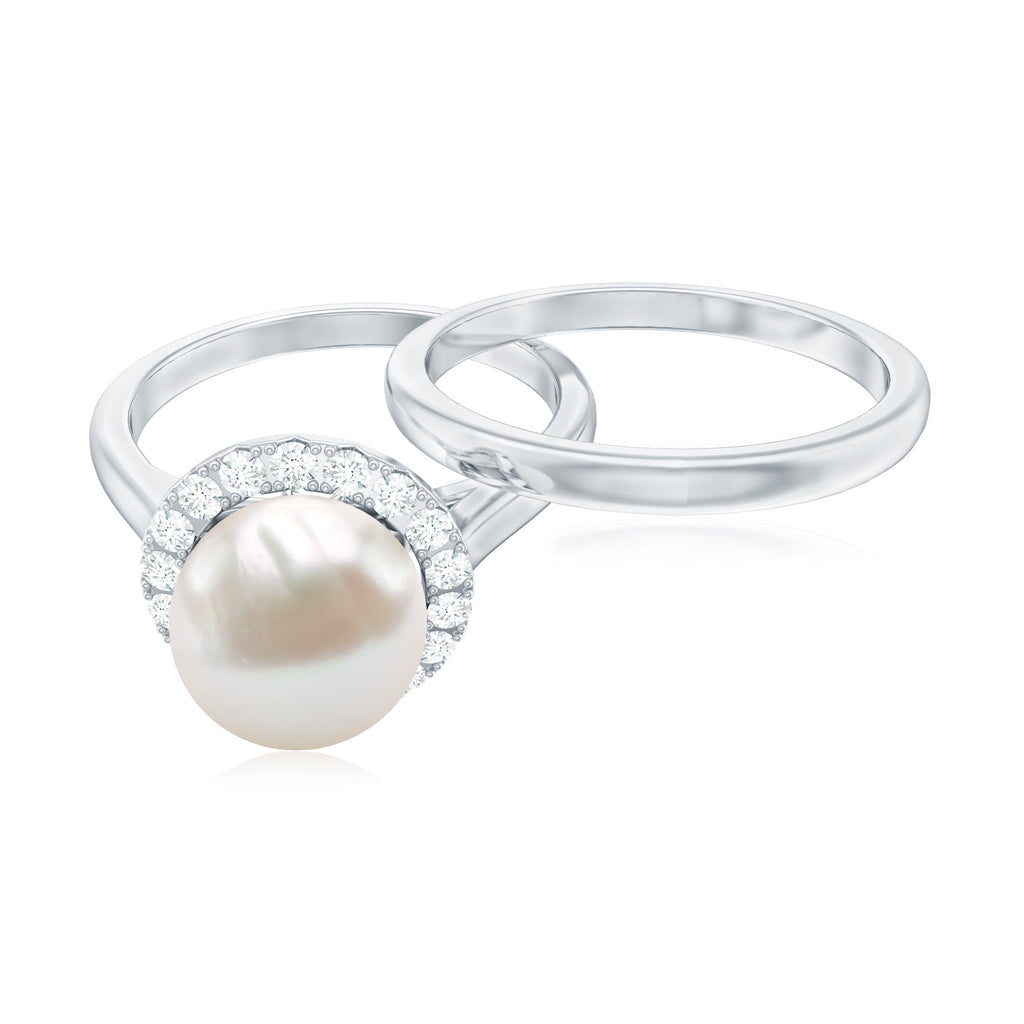 Real Freshwater Pearl Halo Wedding Ring Set with Plain Band
