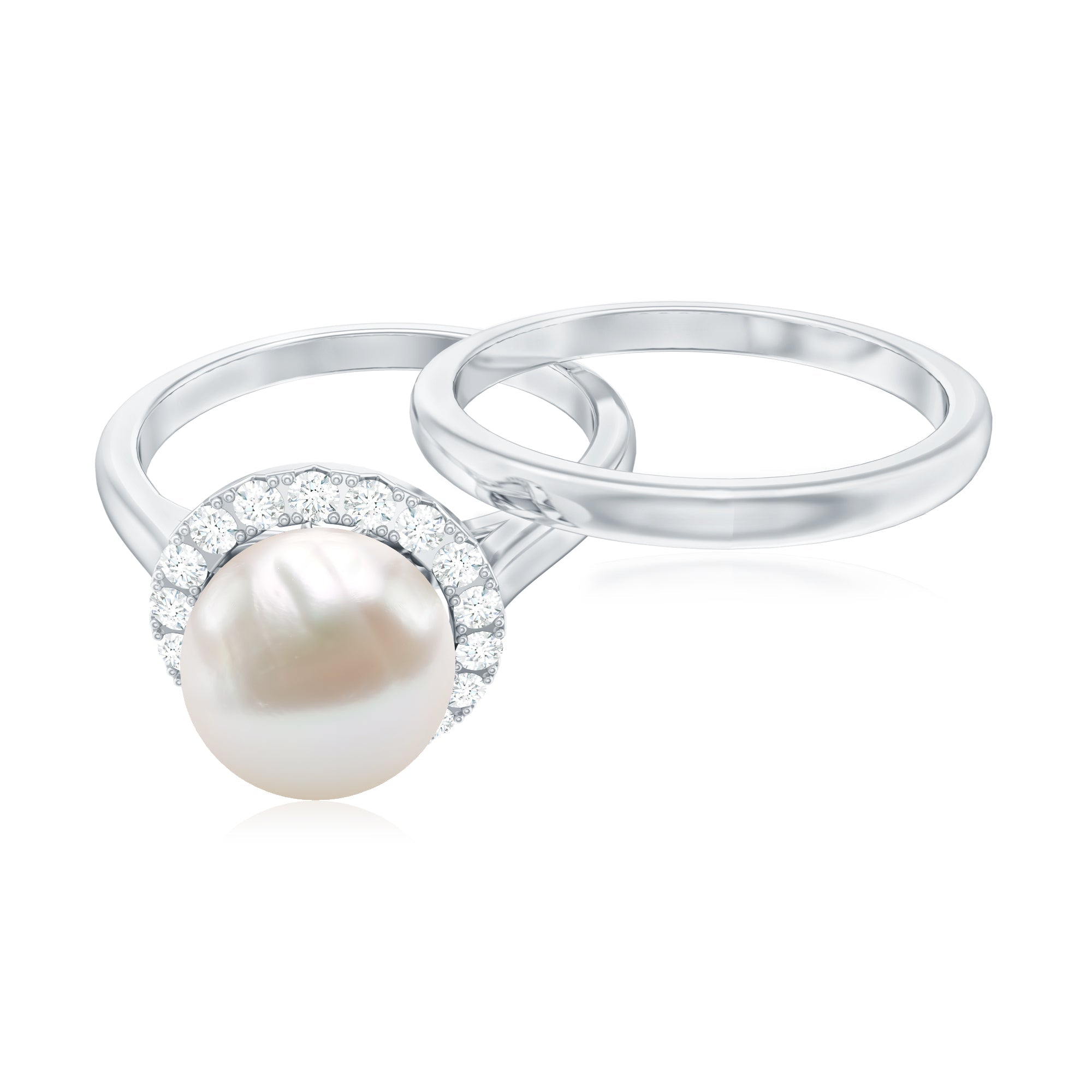 Real Freshwater Pearl Halo Wedding Ring Set with Plain Band