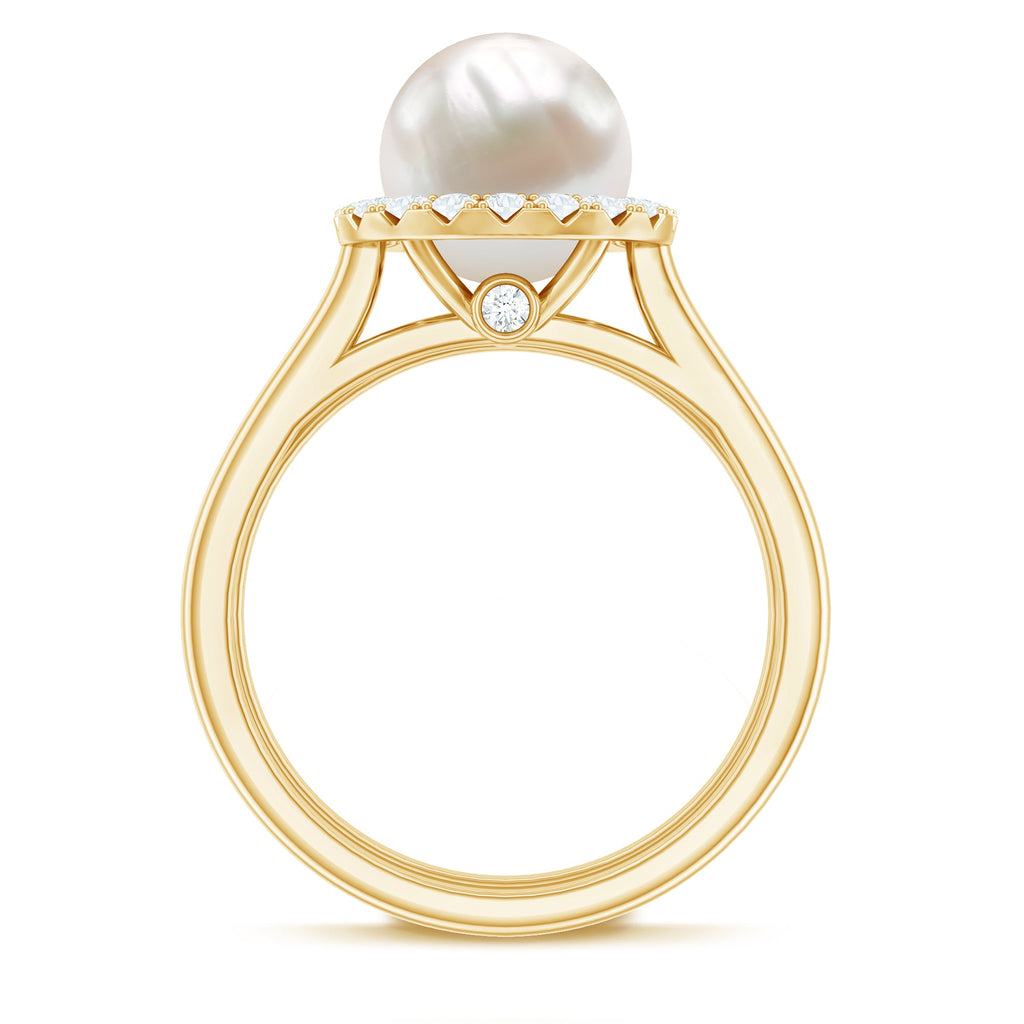 Real Freshwater Pearl Halo Wedding Ring Set with Plain Band