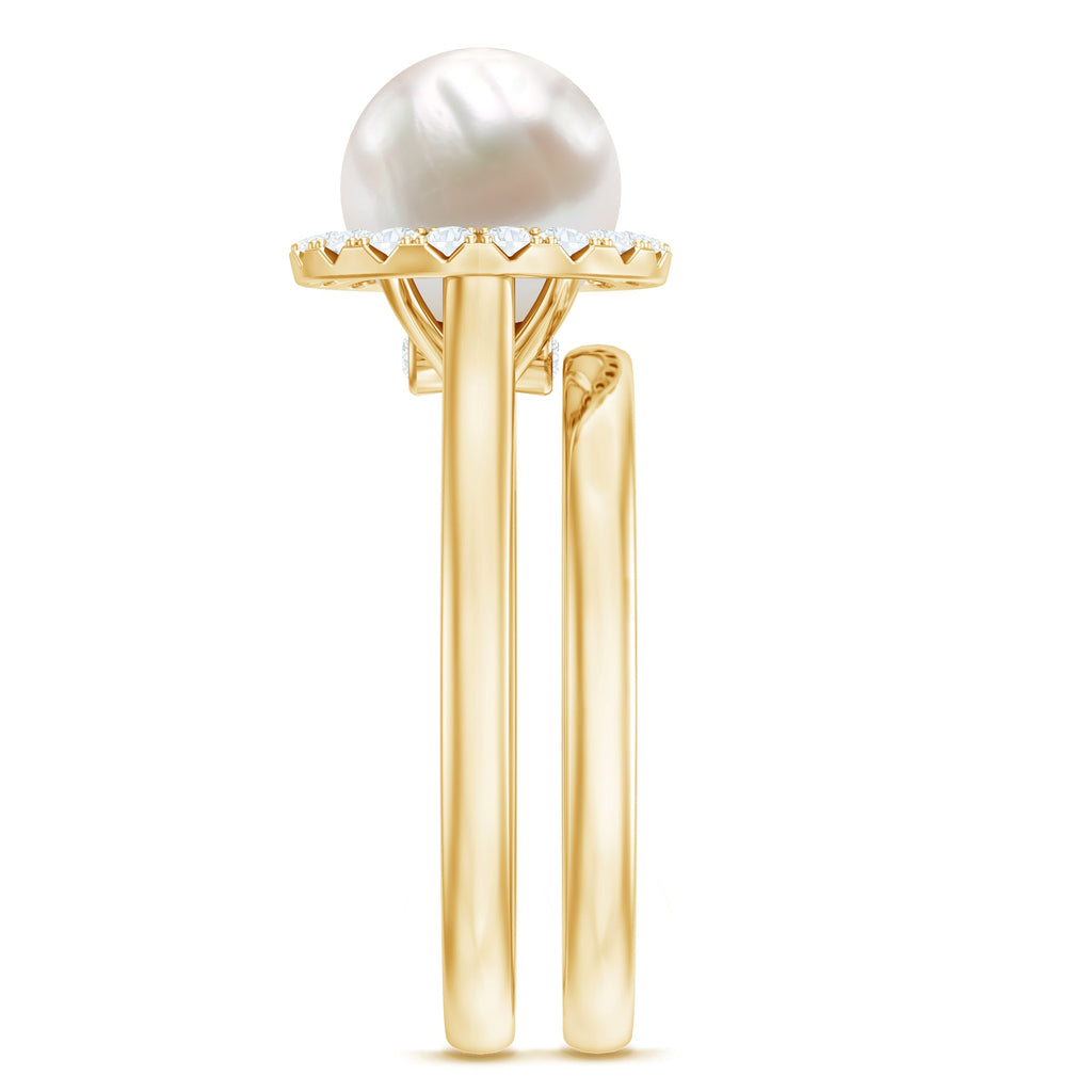 Real Freshwater Pearl Halo Wedding Ring Set with Plain Band