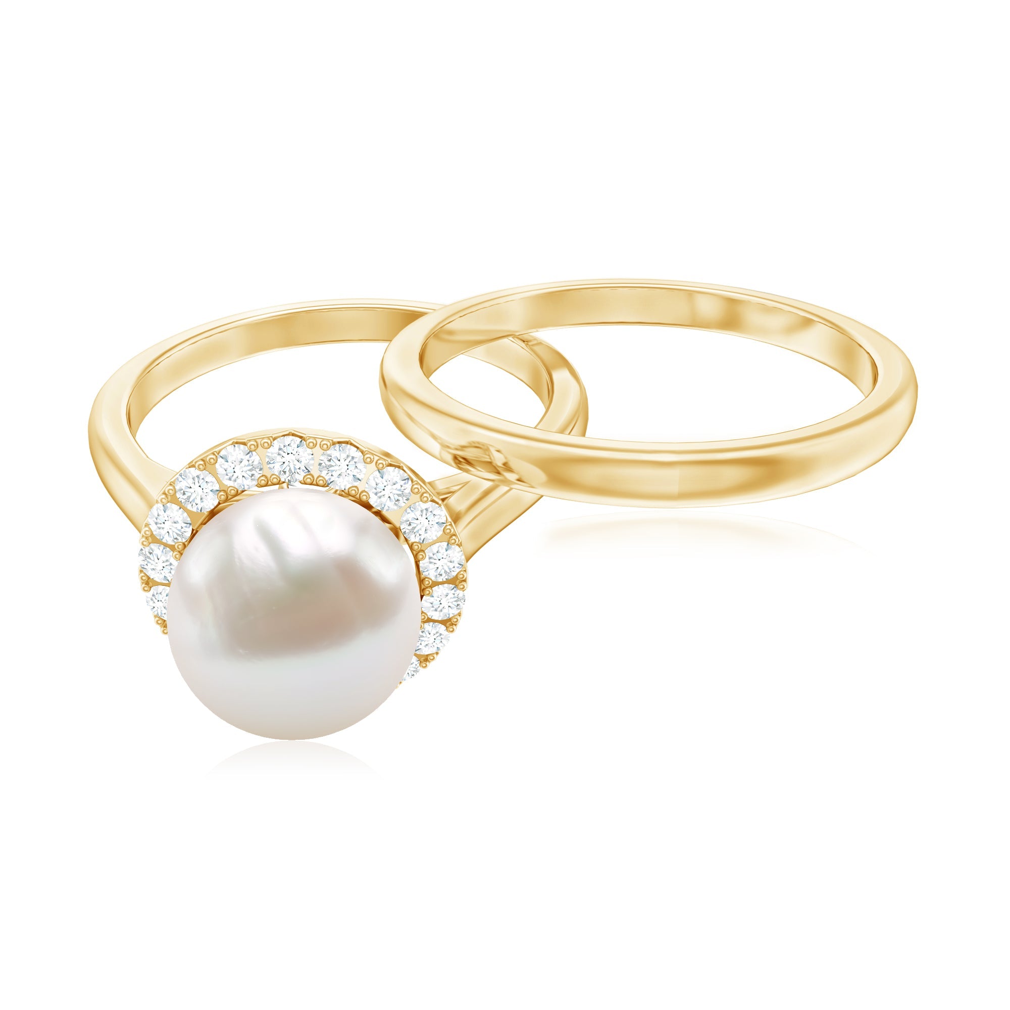 Real Freshwater Pearl Halo Wedding Ring Set with Plain Band