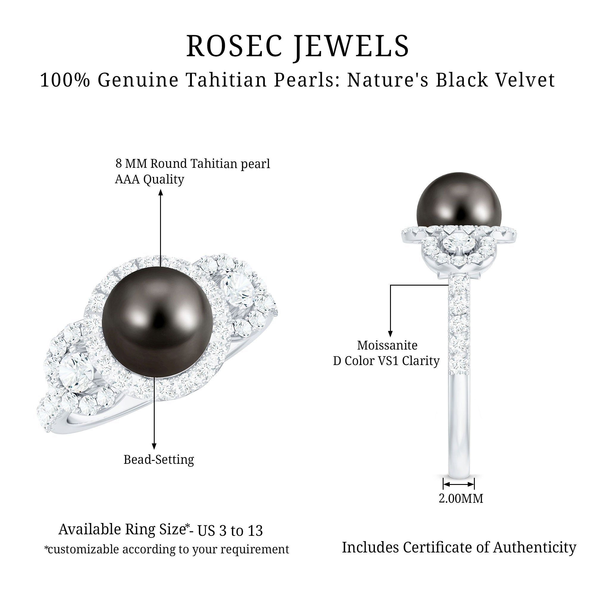 8 MM Round Black Pearl Engagement Ring with Moissanite Accent