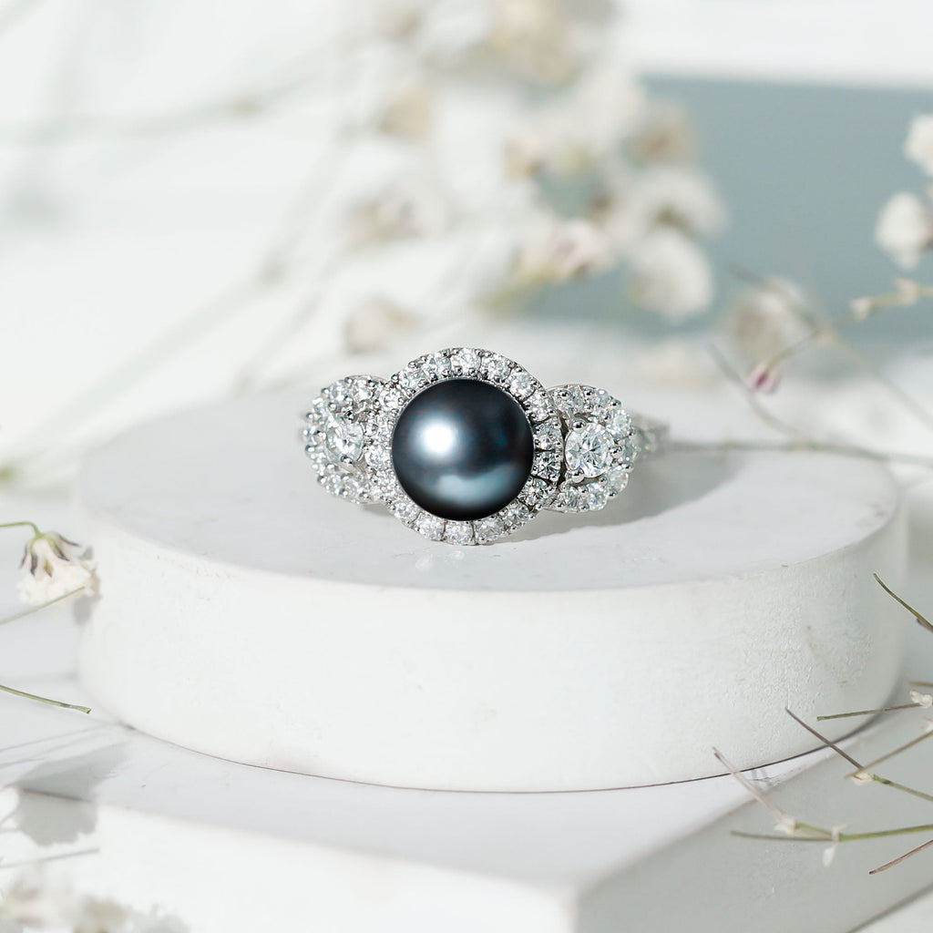 8 MM Round Black Pearl Engagement Ring with Moissanite Accent