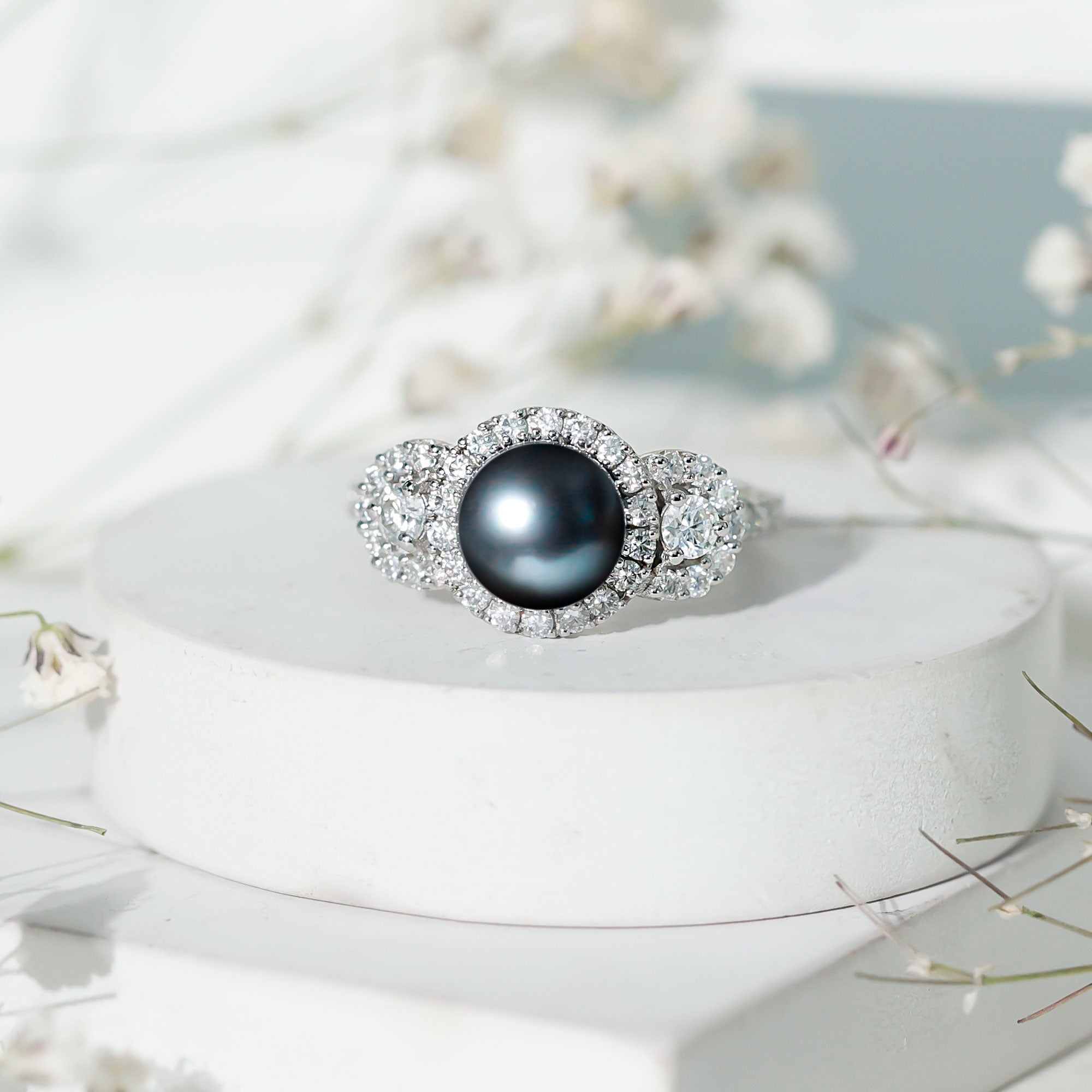8 MM Round Black Pearl Engagement Ring with Moissanite Accent