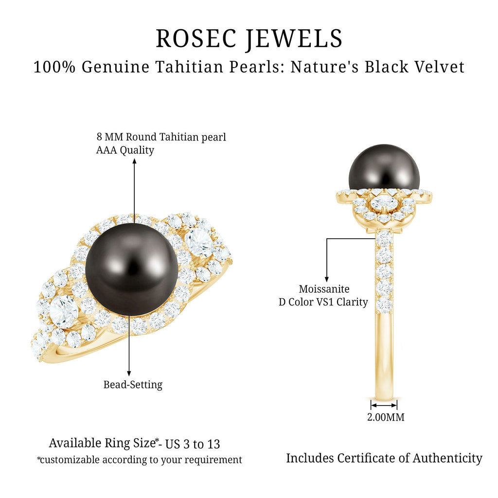 8 MM Round Black Pearl Engagement Ring with Moissanite Accent