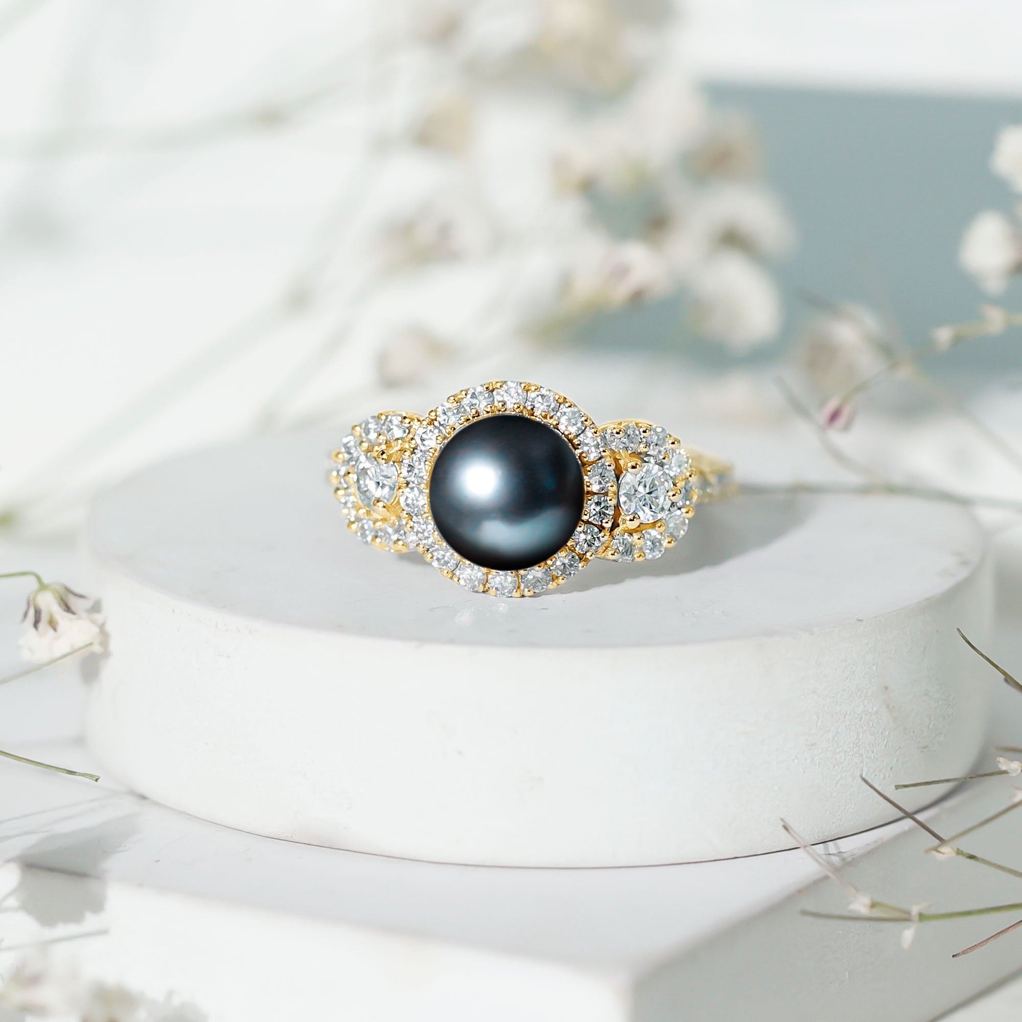 8 MM Round Black Pearl Engagement Ring with Moissanite Accent