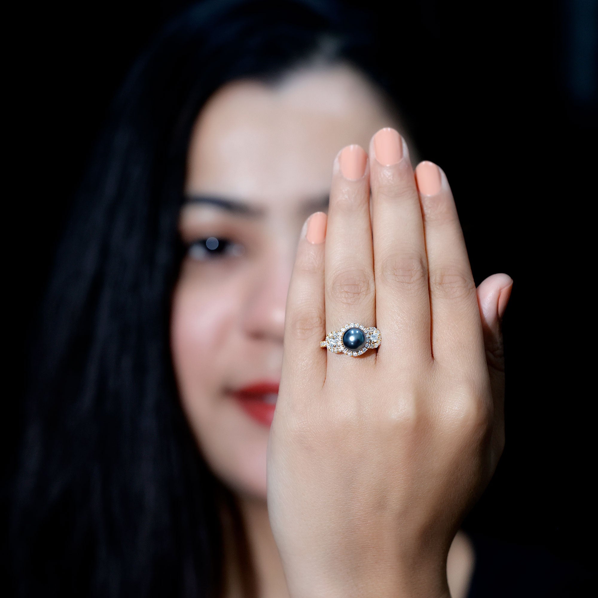 8 MM Round Black Pearl Engagement Ring with Moissanite Accent