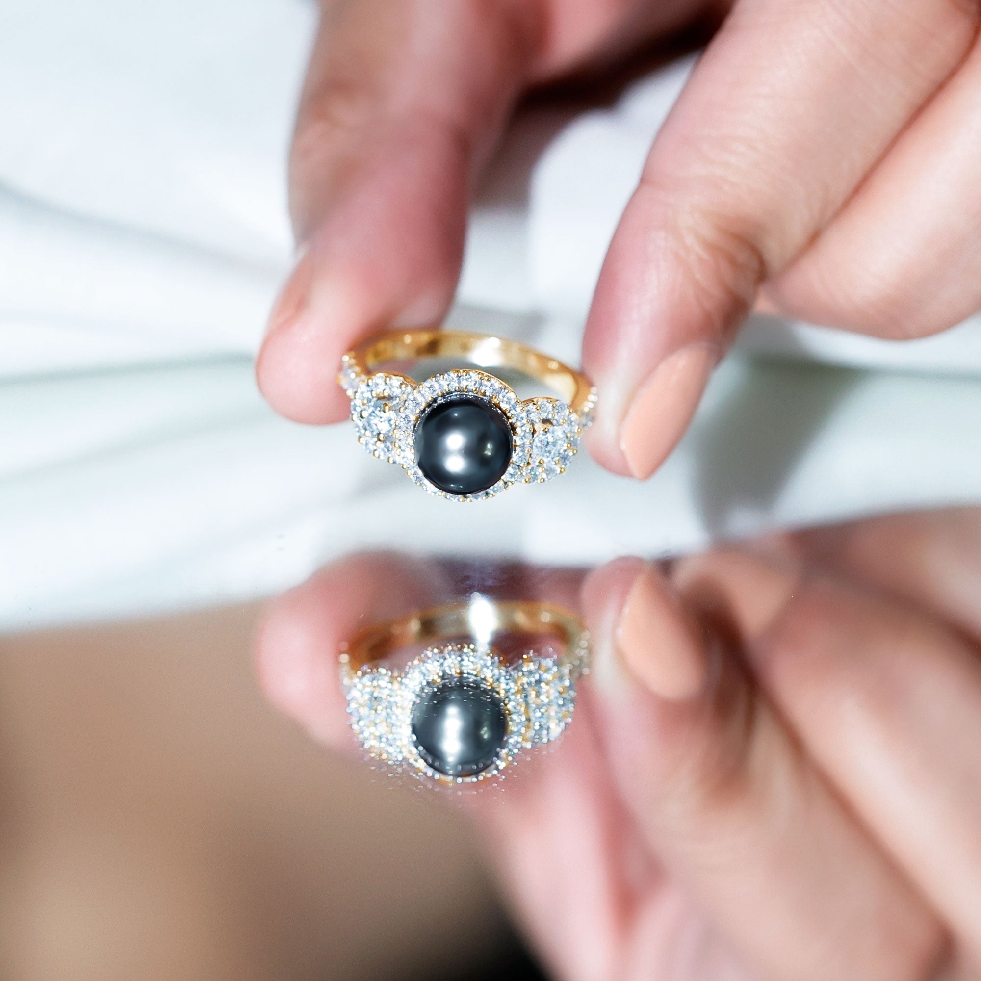 8 MM Round Black Pearl Engagement Ring with Moissanite Accent