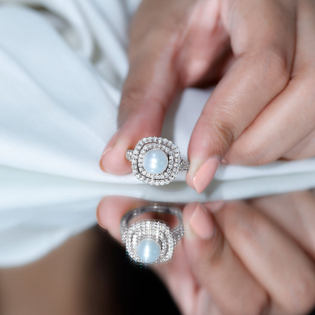 Amazing Freshwater Pearl Solitaire Engagement Ring and Moissanite Double Halo