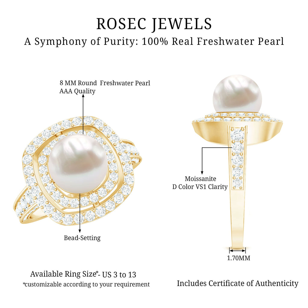 Amazing Freshwater Pearl Solitaire Engagement Ring and Moissanite Double Halo
