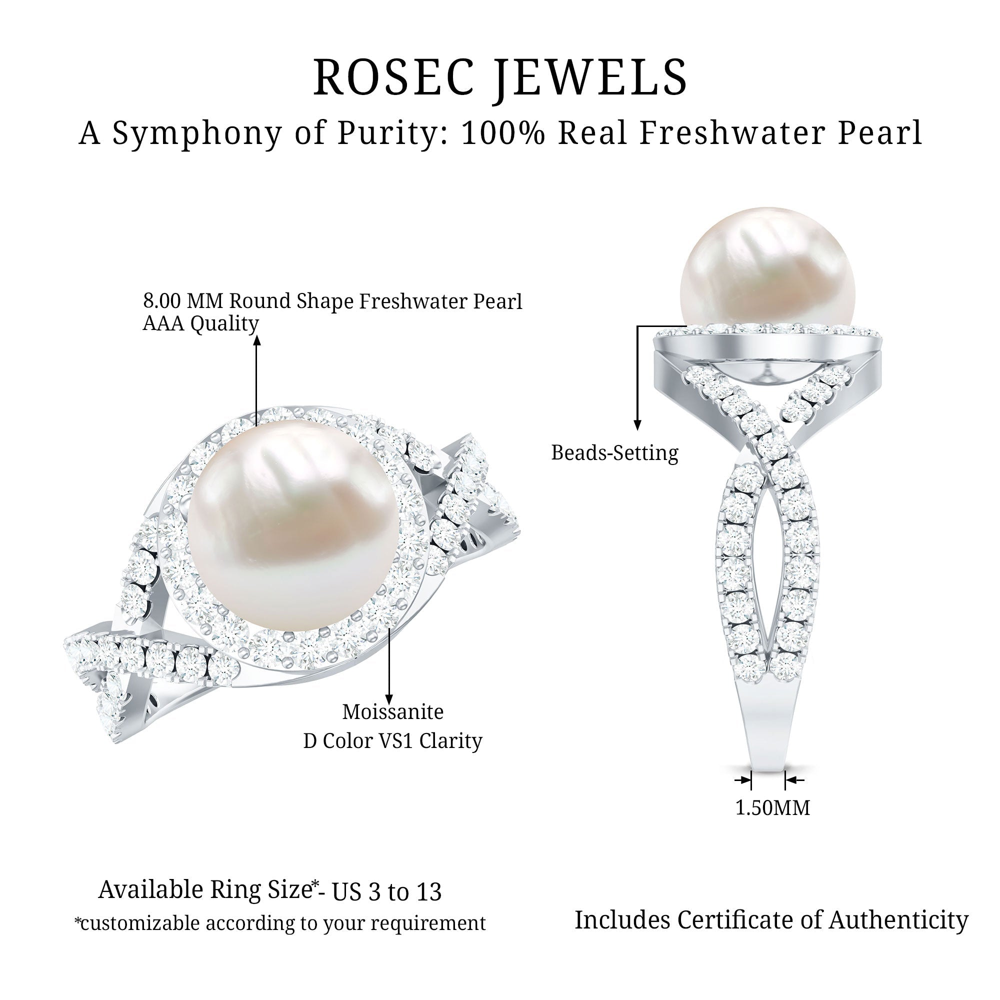 9.25 CT Freshwater Pearl and Moissanite Crossover Engagement Ring
