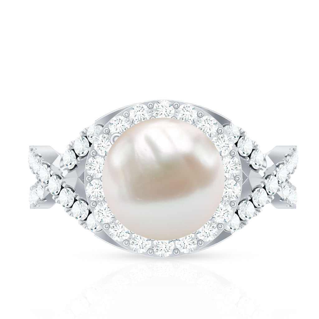9.25 CT Freshwater Pearl and Moissanite Crossover Engagement Ring