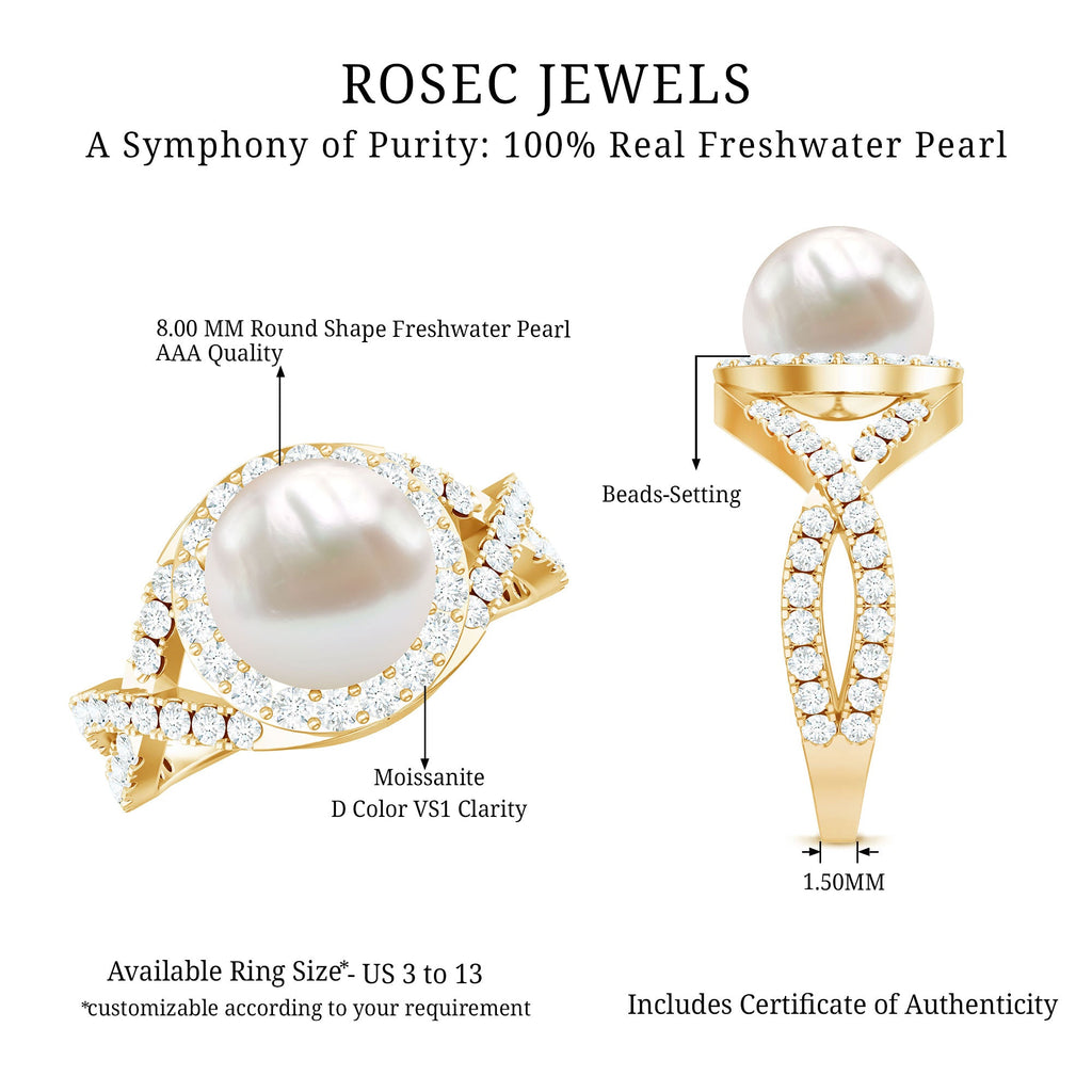9.25 CT Freshwater Pearl and Moissanite Crossover Engagement Ring
