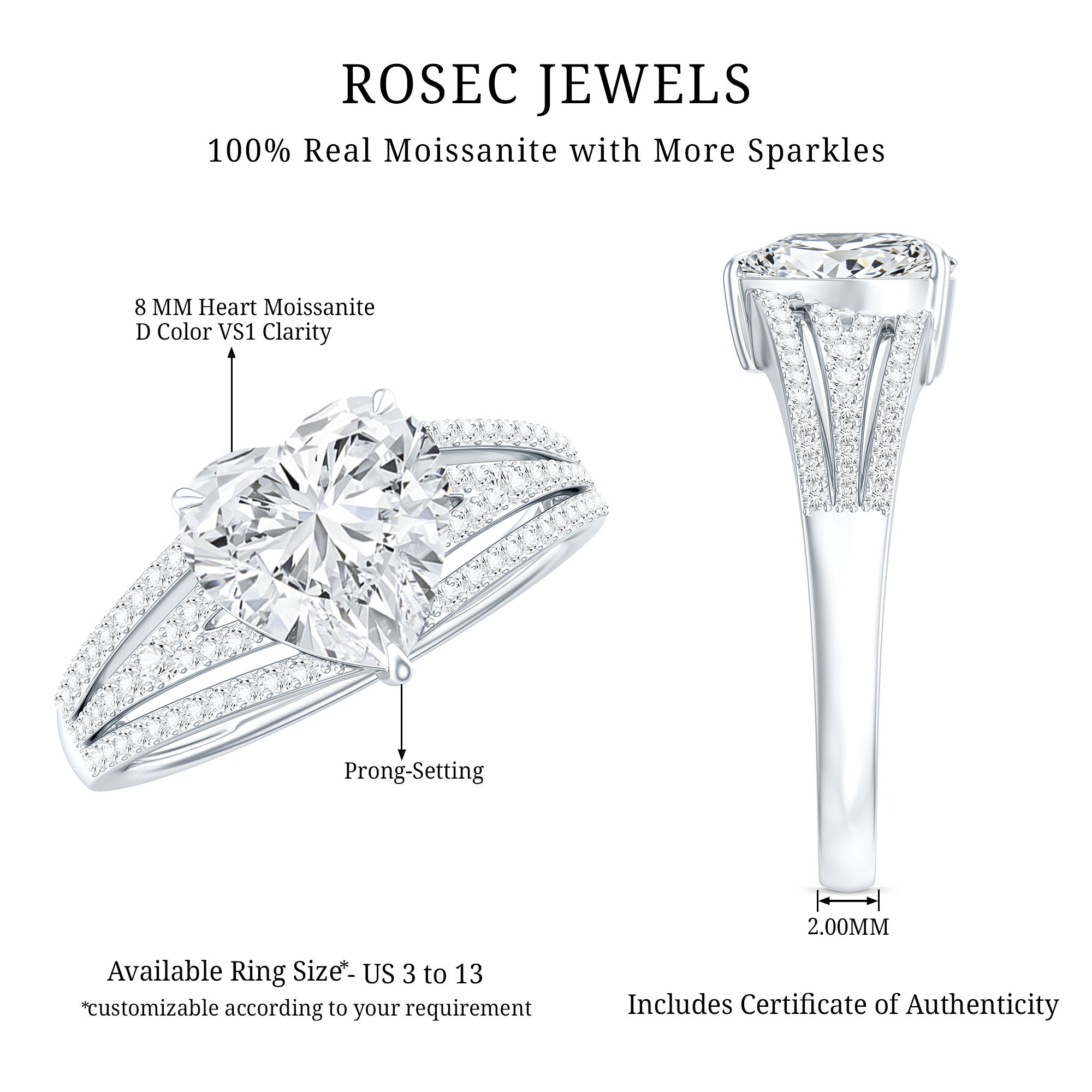 8 MM Moissanite Heart Designer Engagement Ring with Split Shank