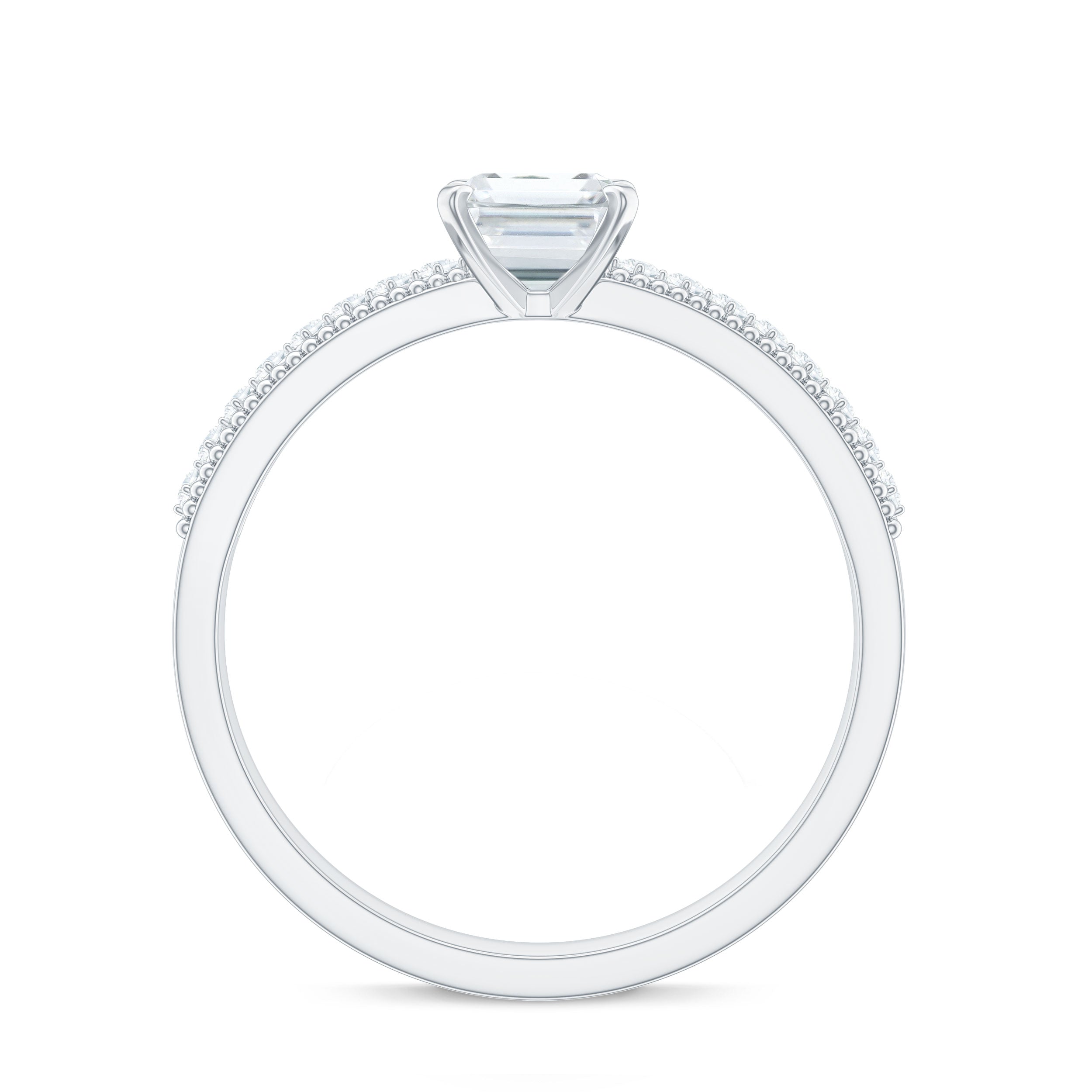 6X8 mm Emerald Cut Moissanite Solitaire Engagement Ring with Beaded Details