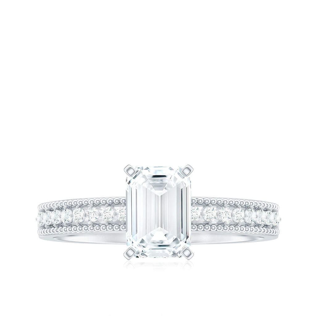 6X8 mm Emerald Cut Moissanite Solitaire Engagement Ring with Beaded Details