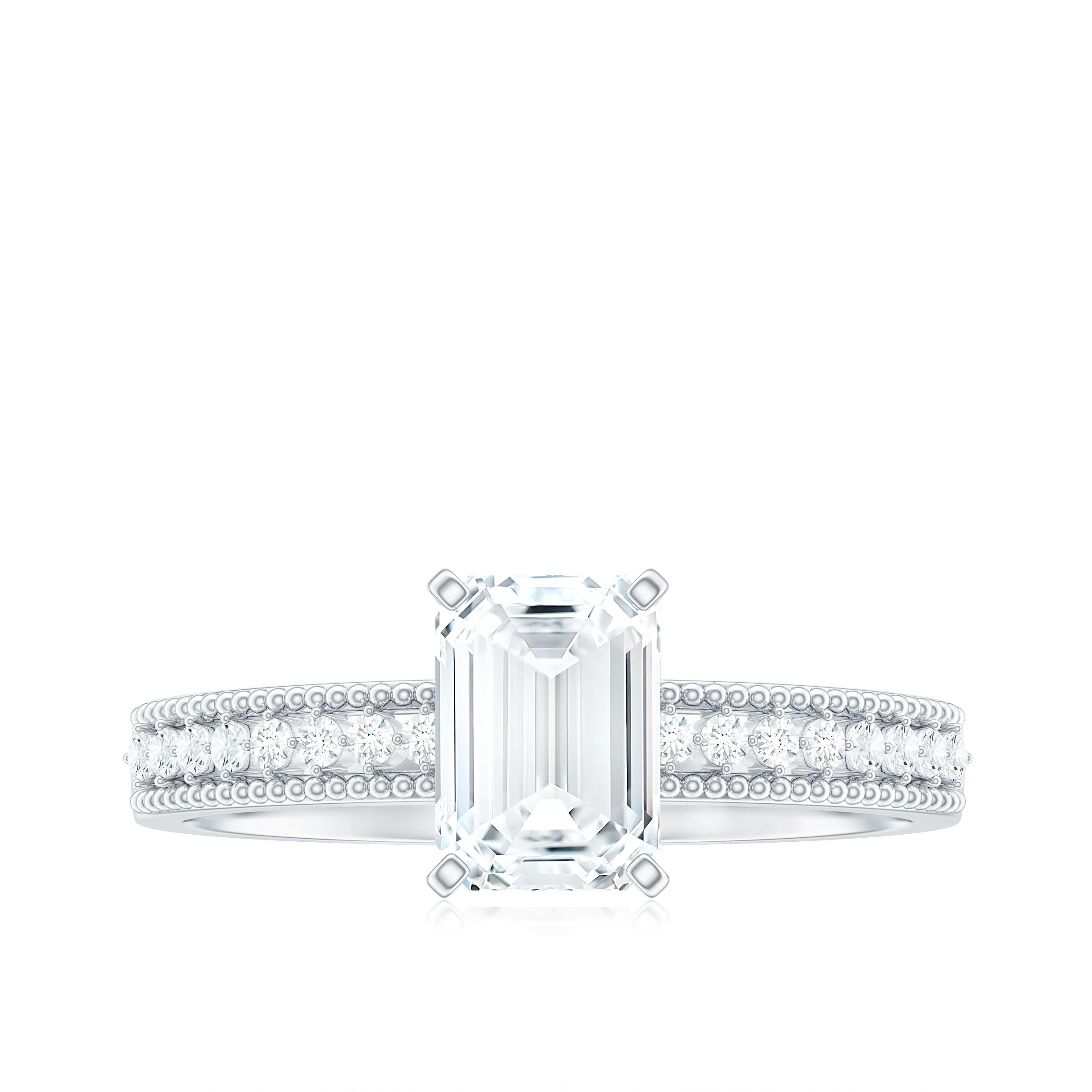 6X8 mm Emerald Cut Moissanite Solitaire Engagement Ring with Beaded Details