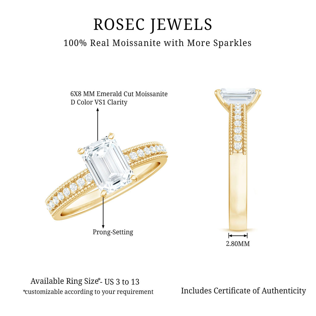 6X8 mm Emerald Cut Moissanite Solitaire Engagement Ring with Beaded Details