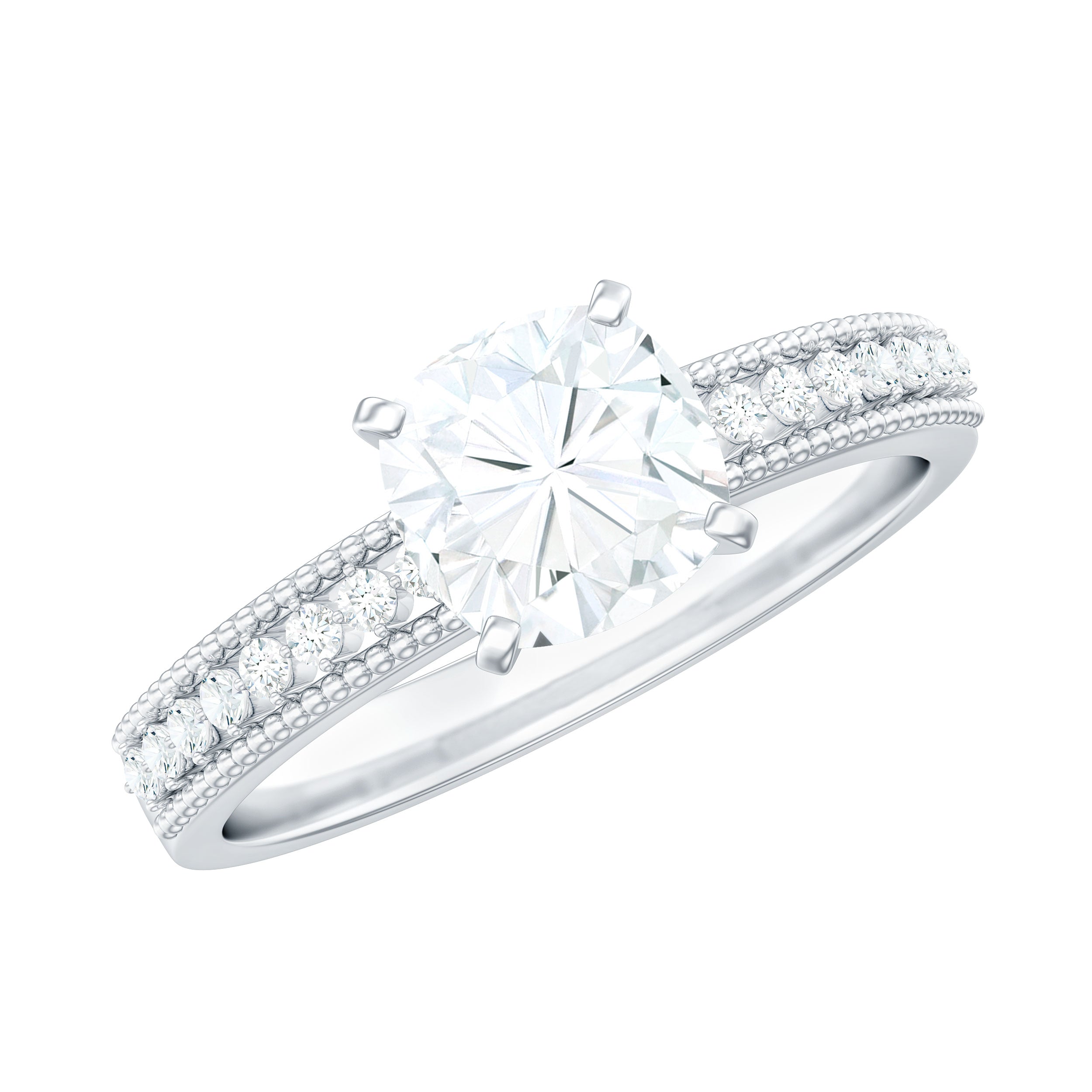 6mm Cushion Cut Moissanite Solitaire Engagement Ring with Beaded Details