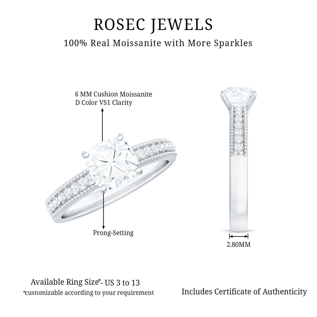 6mm Cushion Cut Moissanite Solitaire Engagement Ring with Beaded Details