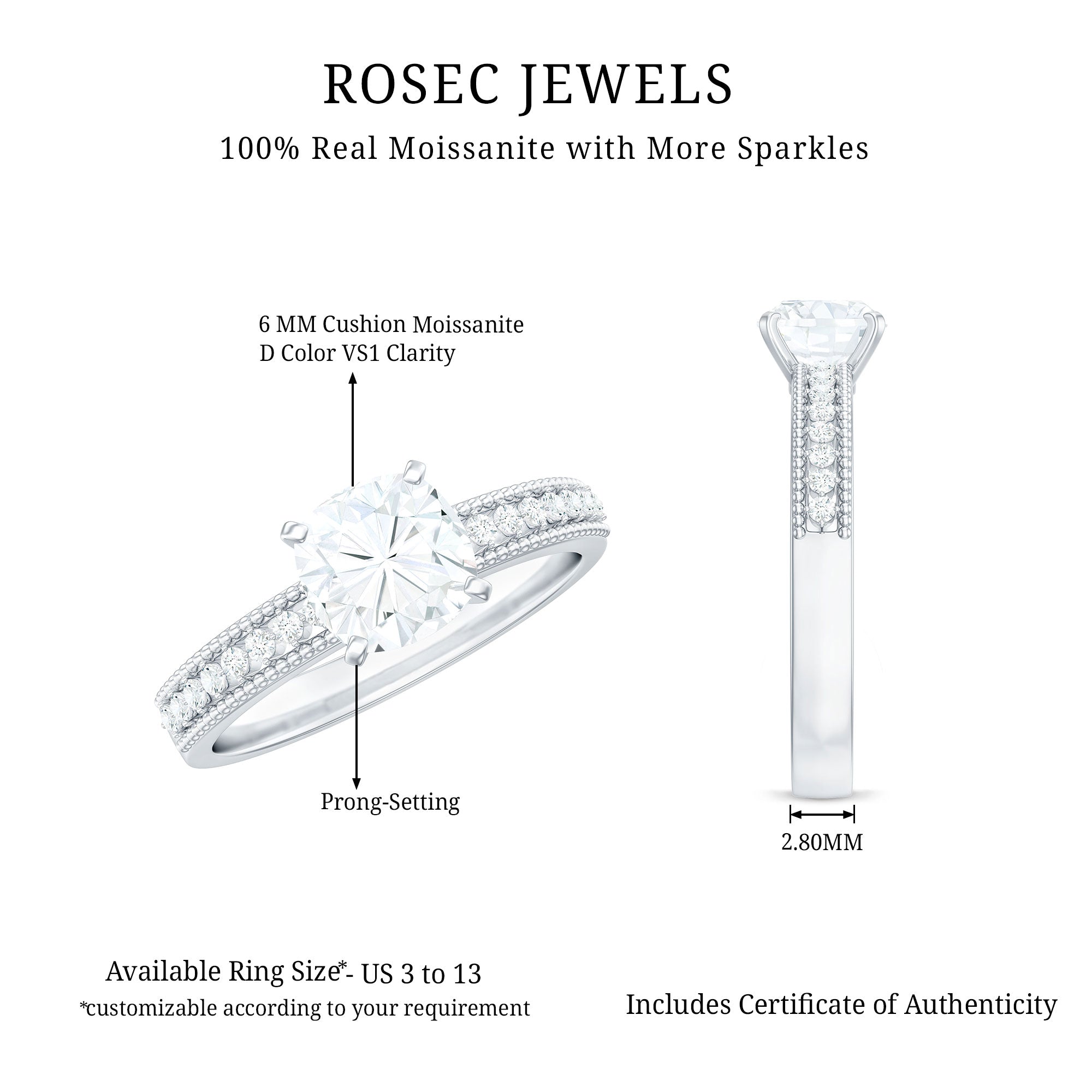 6mm Cushion Cut Moissanite Solitaire Engagement Ring with Beaded Details