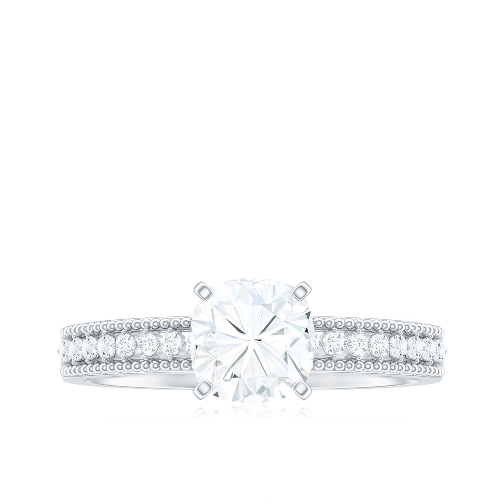 6mm Cushion Cut Moissanite Solitaire Engagement Ring with Beaded Details