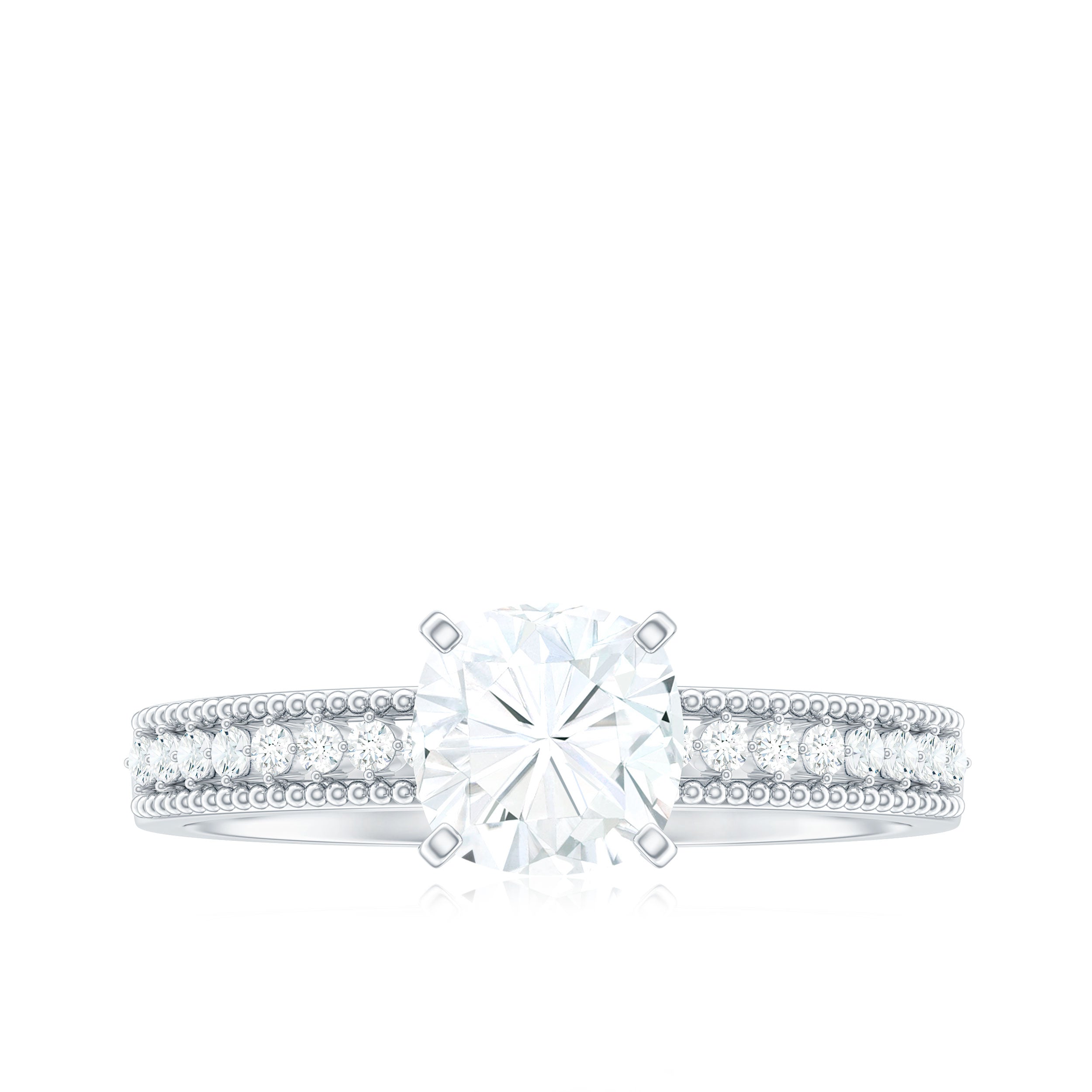 6mm Cushion Cut Moissanite Solitaire Engagement Ring with Beaded Details