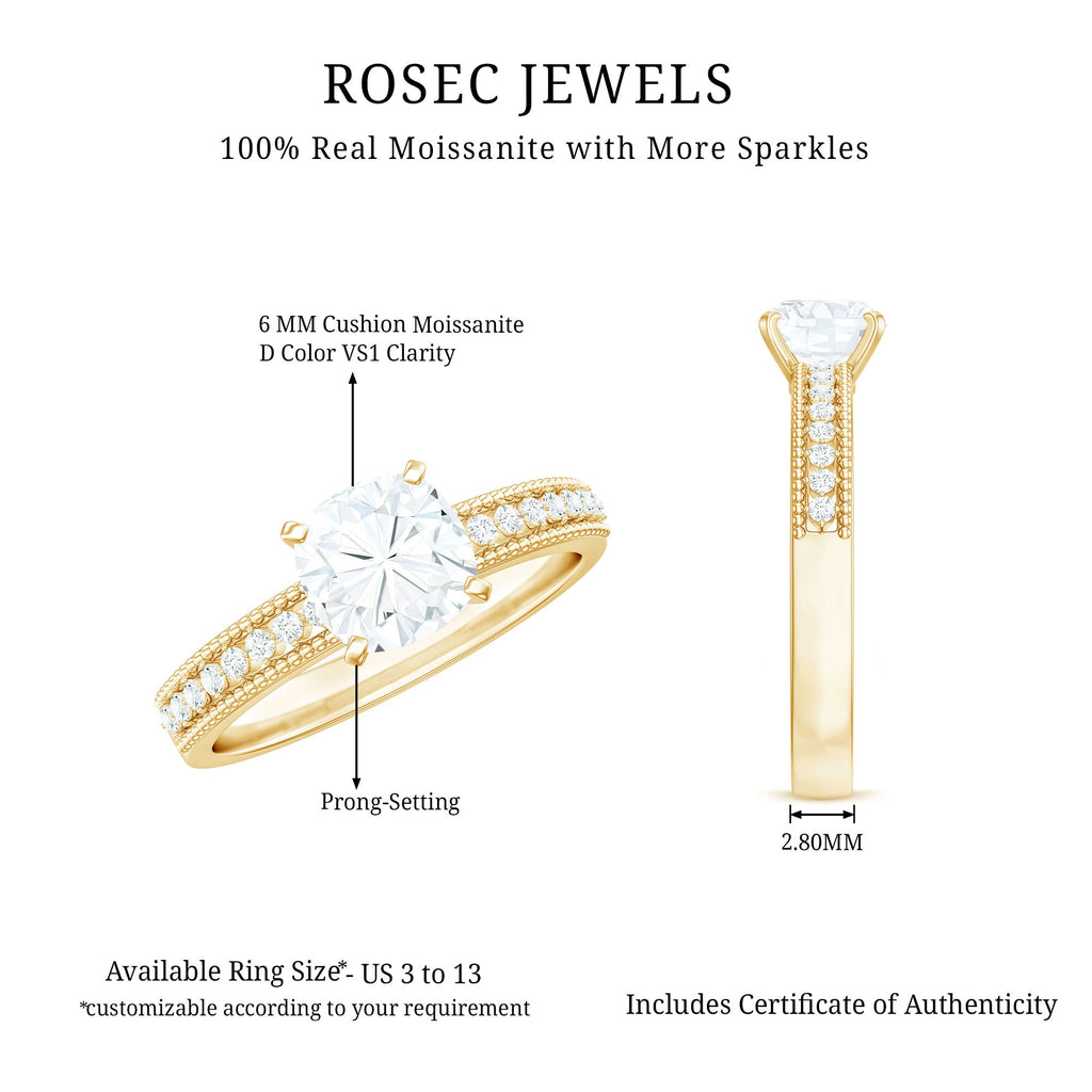 6mm Cushion Cut Moissanite Solitaire Engagement Ring with Beaded Details