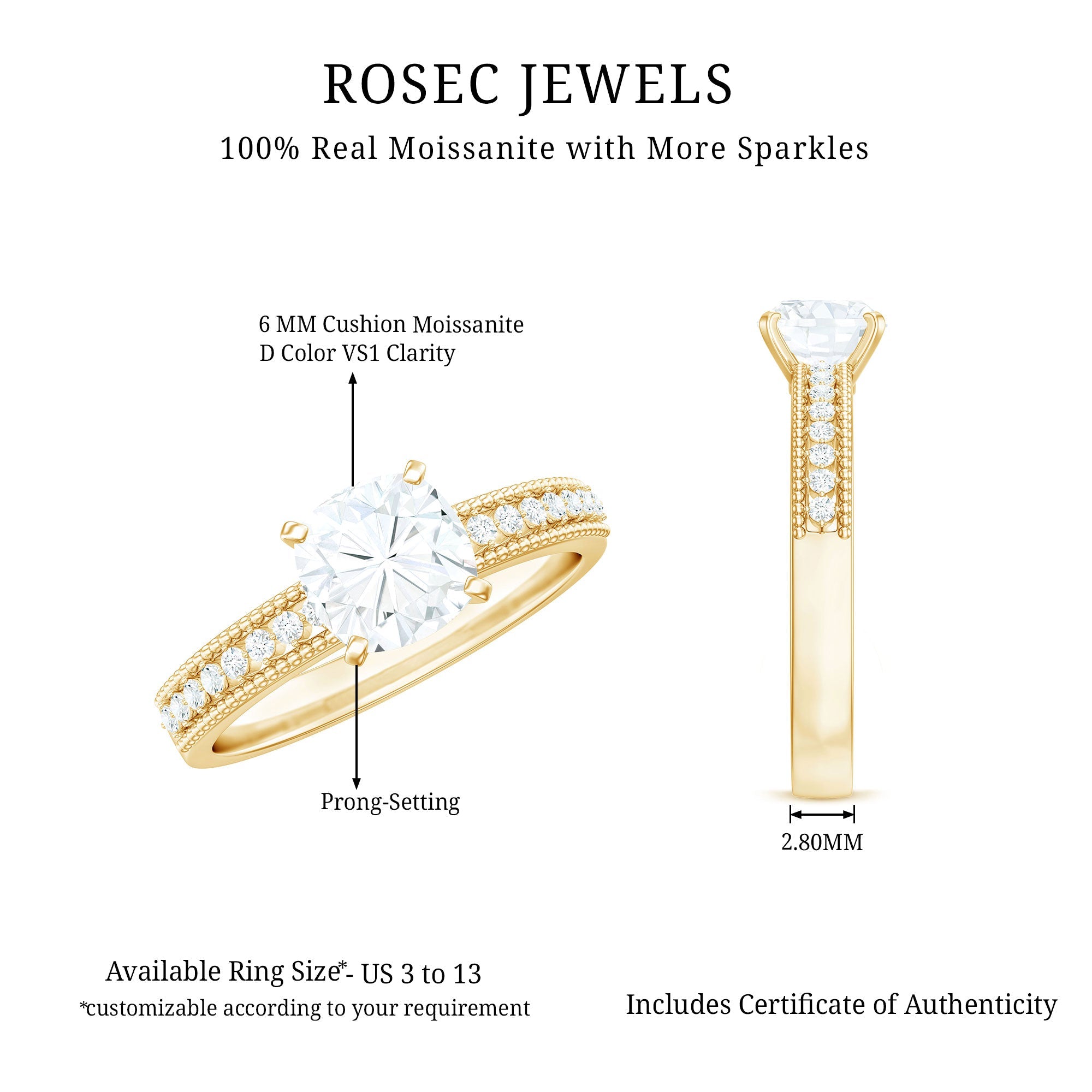 6mm Cushion Cut Moissanite Solitaire Engagement Ring with Beaded Details