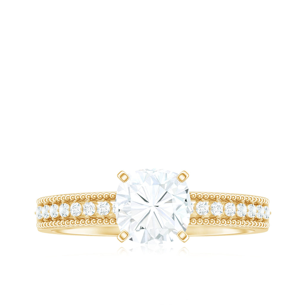 6mm Cushion Cut Moissanite Solitaire Engagement Ring with Beaded Details