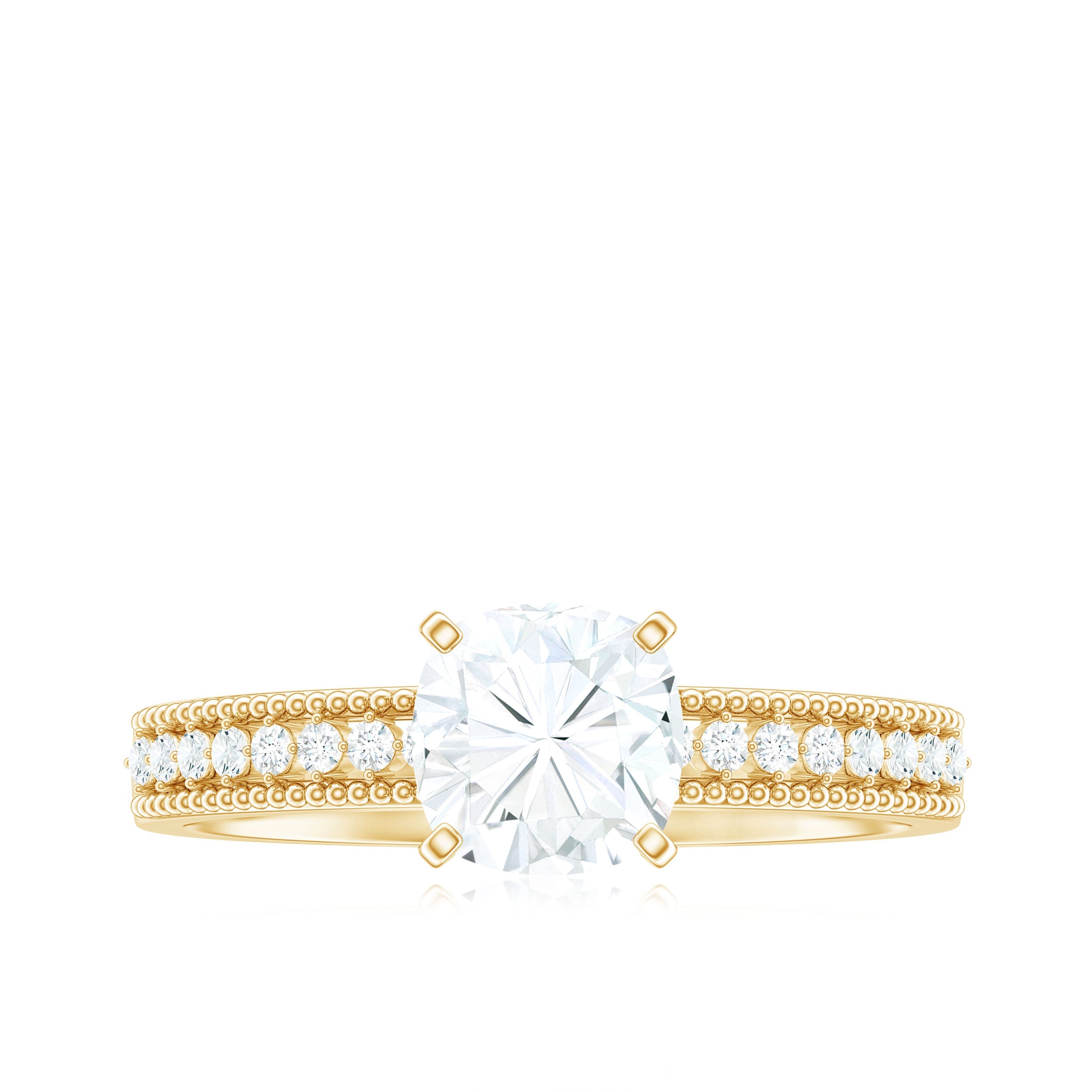 6mm Cushion Cut Moissanite Solitaire Engagement Ring with Beaded Details