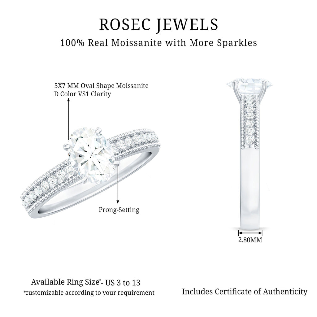 5X7 mm Oval Cut Moissanite Solitaire Beaded Engagement Ring