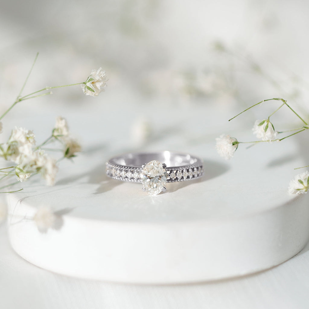 5X7 mm Oval Cut Moissanite Solitaire Beaded Engagement Ring