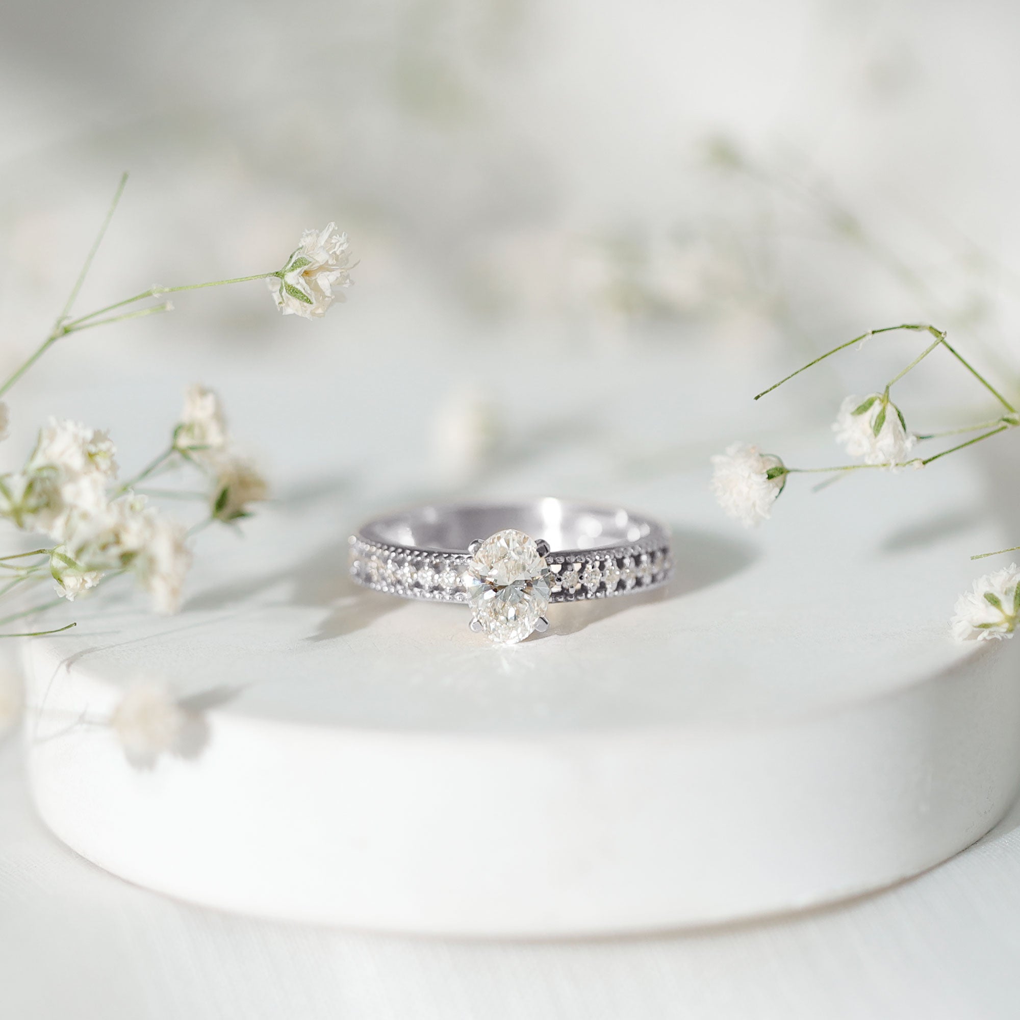 5X7 mm Oval Cut Moissanite Solitaire Beaded Engagement Ring