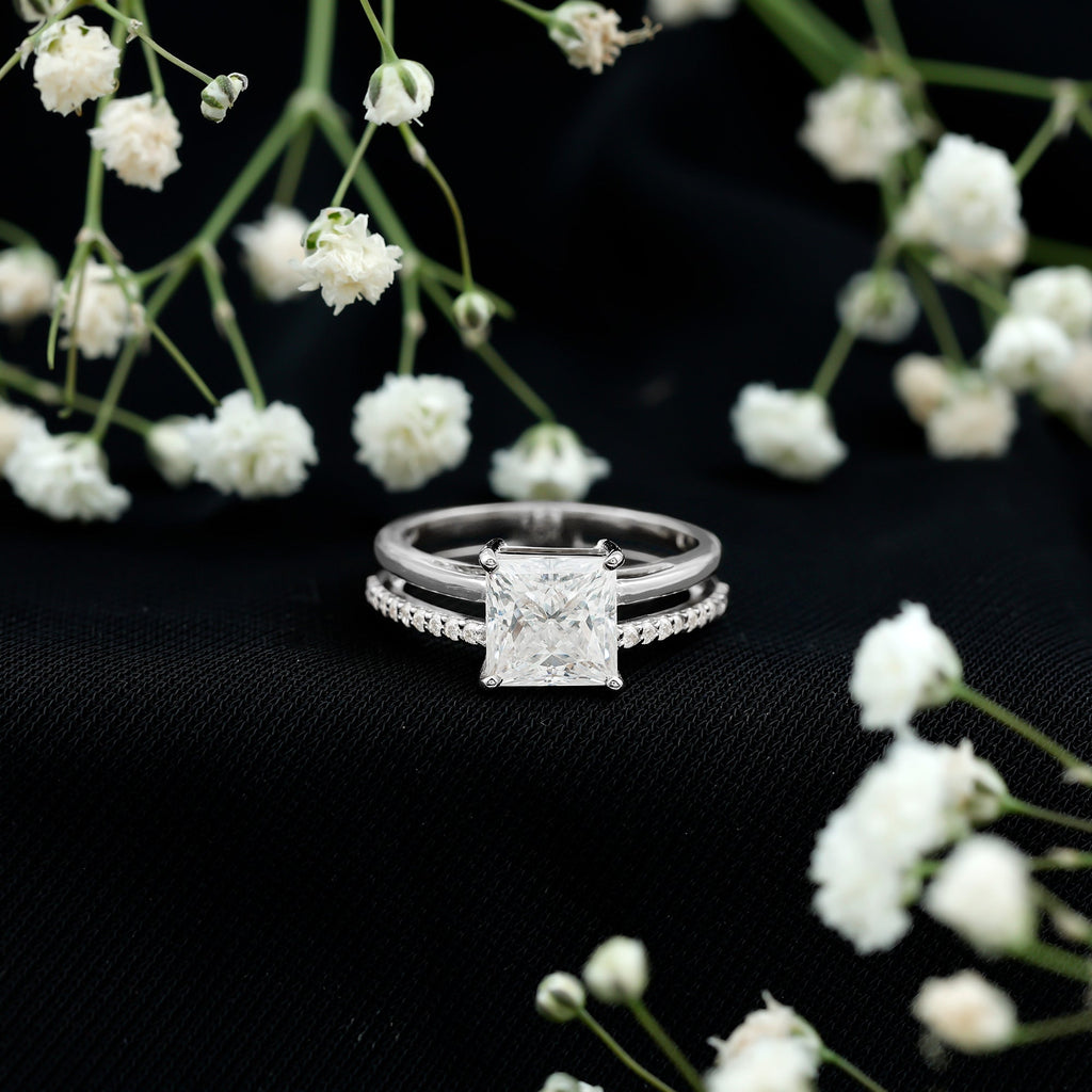 Princess Cut Solitaire Moissanite Double Band Engagement Ring