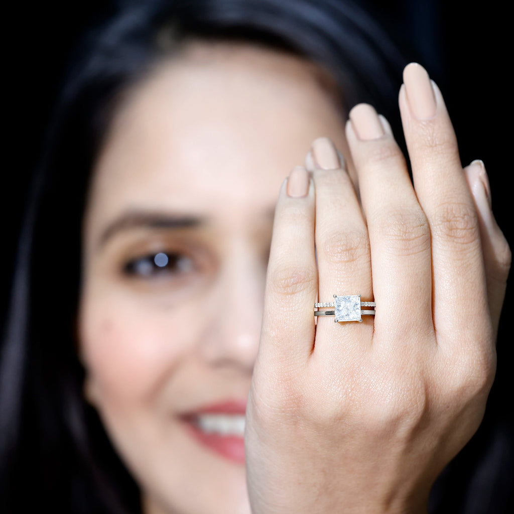 Princess Cut Solitaire Moissanite Double Band Engagement Ring